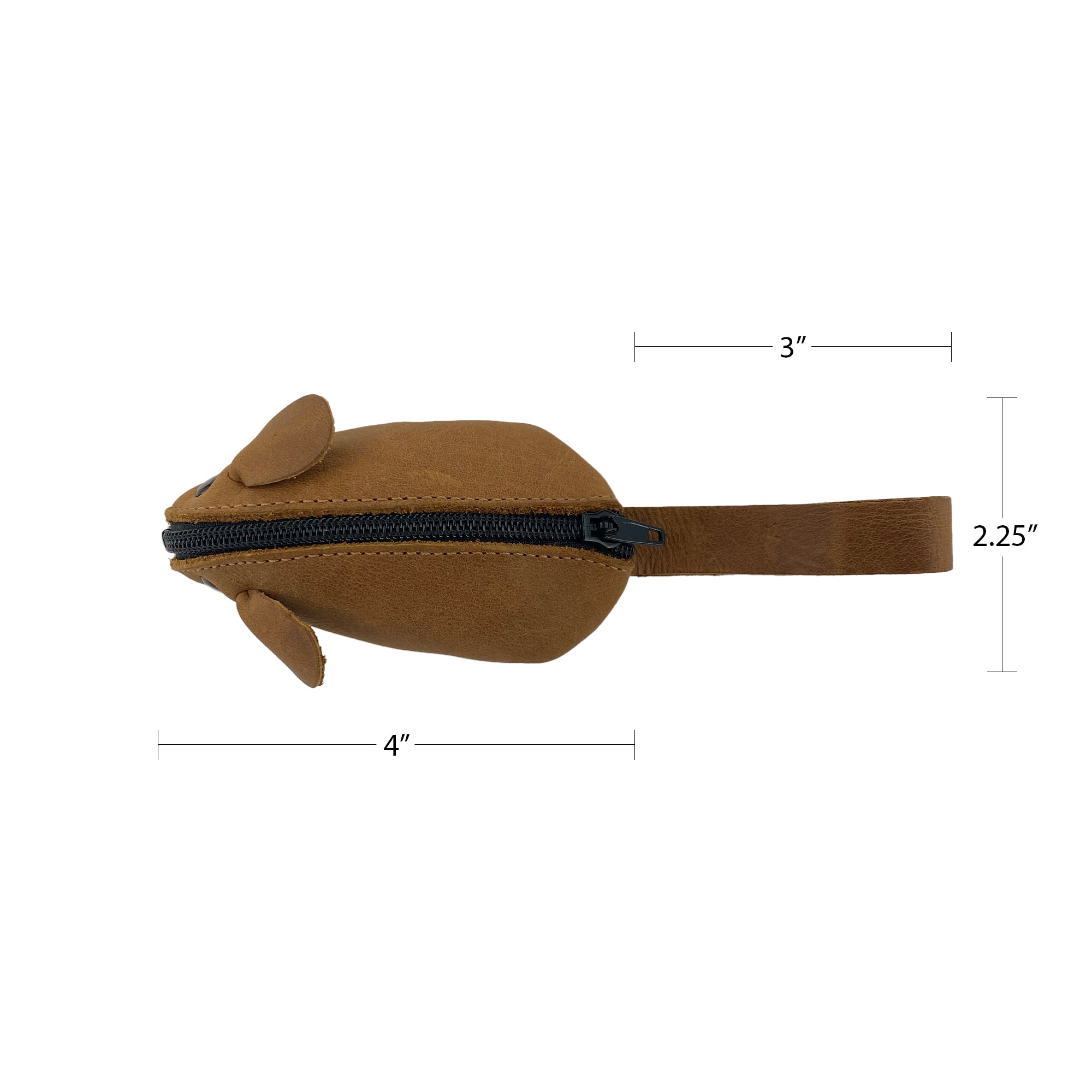 Measurement image of Hide & Drink's Mouse Coin Pouch, with dimensions noted. This Mouse-Shaped Coin Pouch is a perfect pocket case for coins, designed for convenience and style, embodying artisan quality.