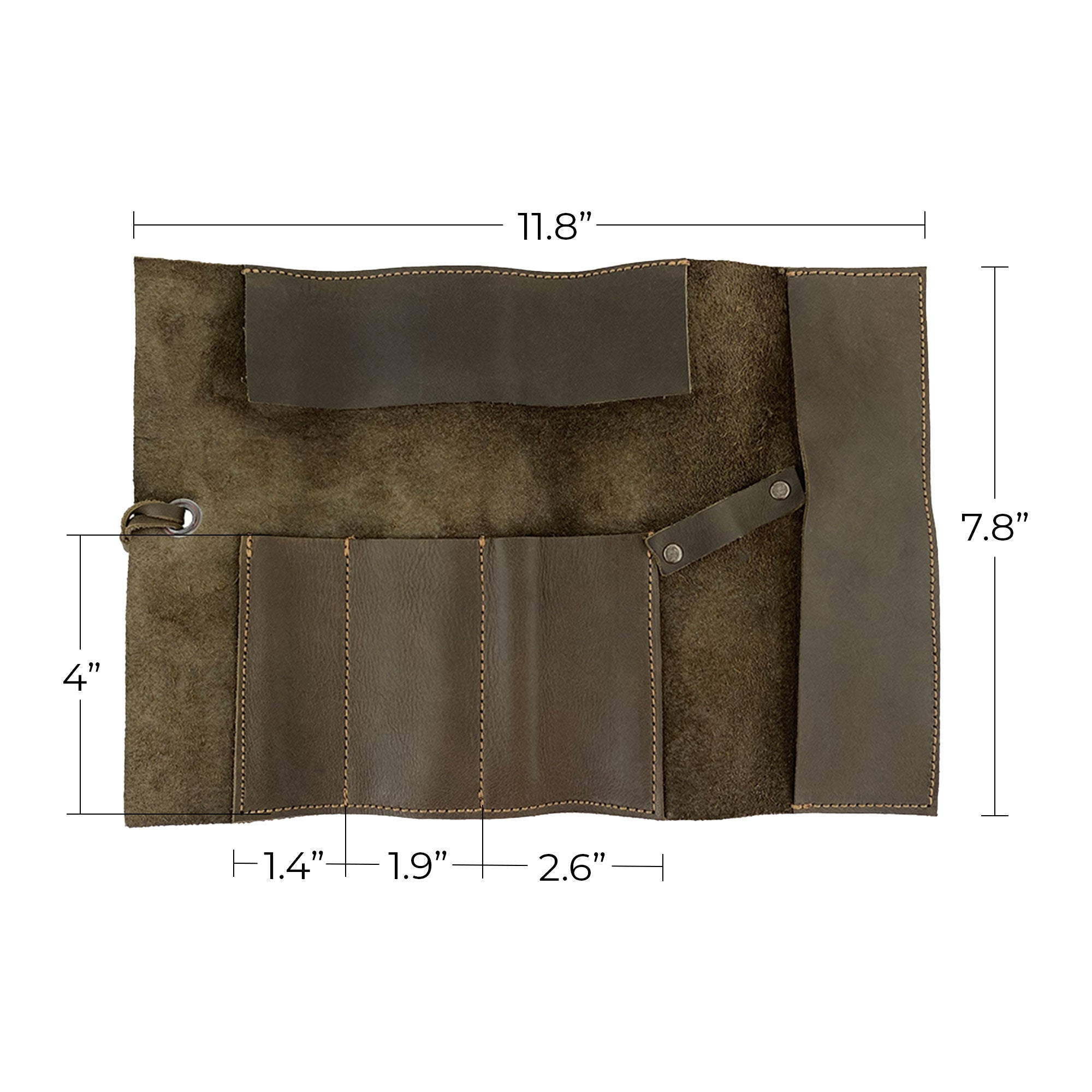 A look at the Hide & Drink Multi Purpose Pencil Roll in olive green leather, featuring practical pockets for versatile storage. This rustic, handmade pencil roll pouch is ideal for organizing work or craft supplies, reflecting artisan quality and craftsmanship.