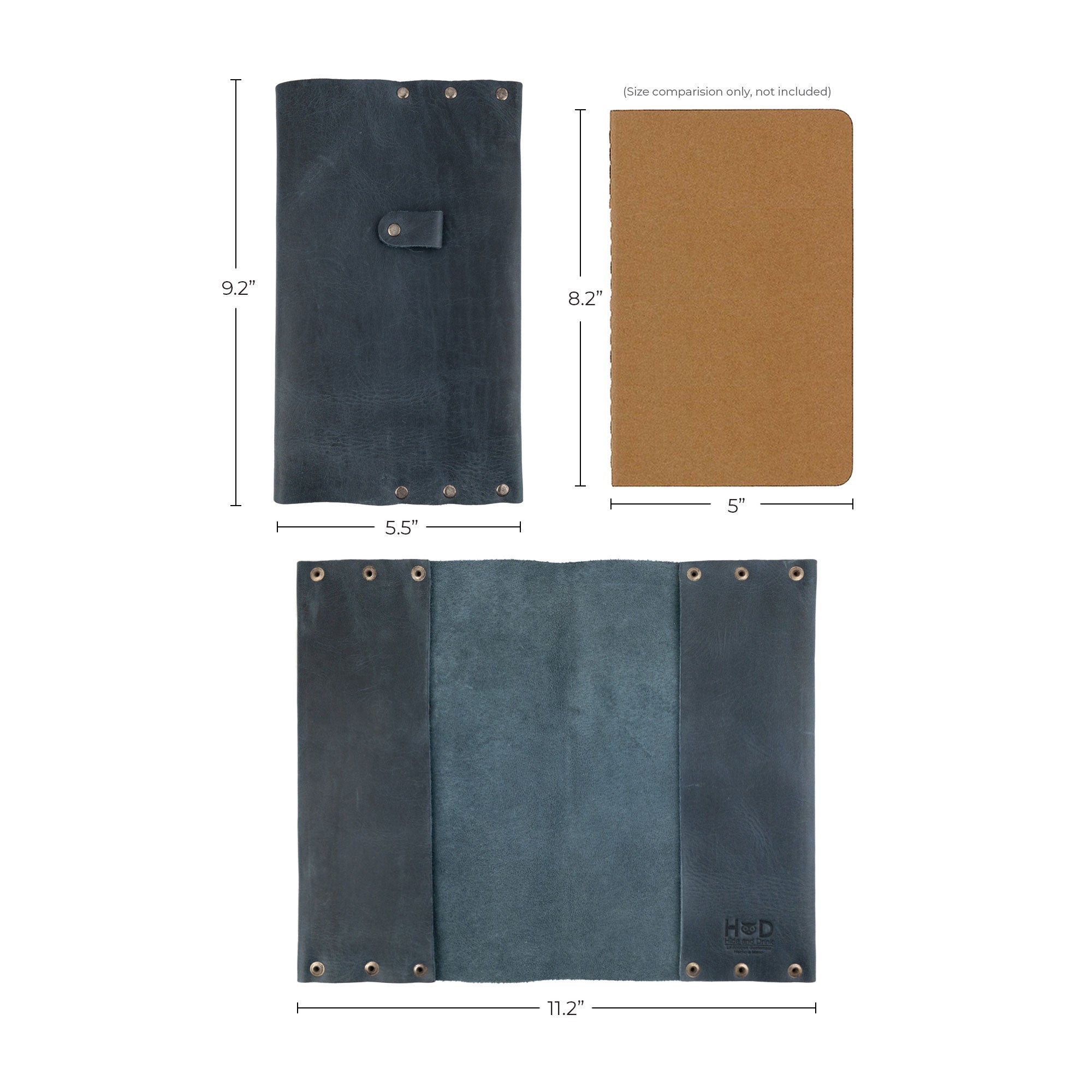 Size comparison of the Riveted Journal Cover (5 x 8.50 in.) by Hide & Drink, emphasizing its classic sleeve with dimensions ideal for notebooks not included. Made from full grain leather, this handmade cover showcases artisan craftsmanship from La Antigua Guatemala & Oaxaca Mexico.