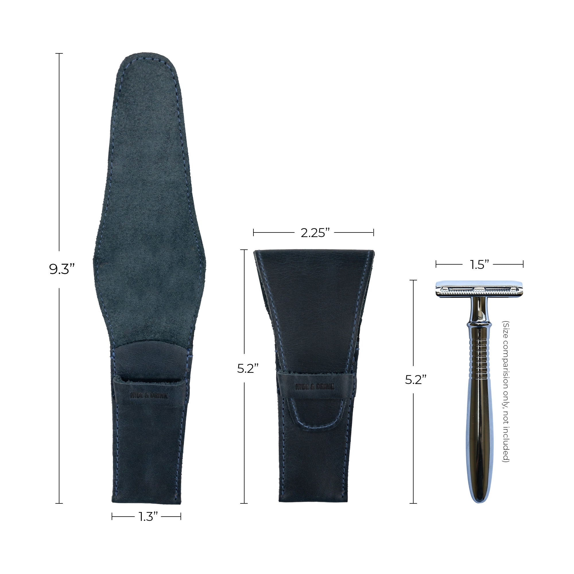 Detailed dimensions of the Hide & Drink Safety Razor Case along with a razor, illustrating the perfect fit and handmade quality of this personal care accessory.