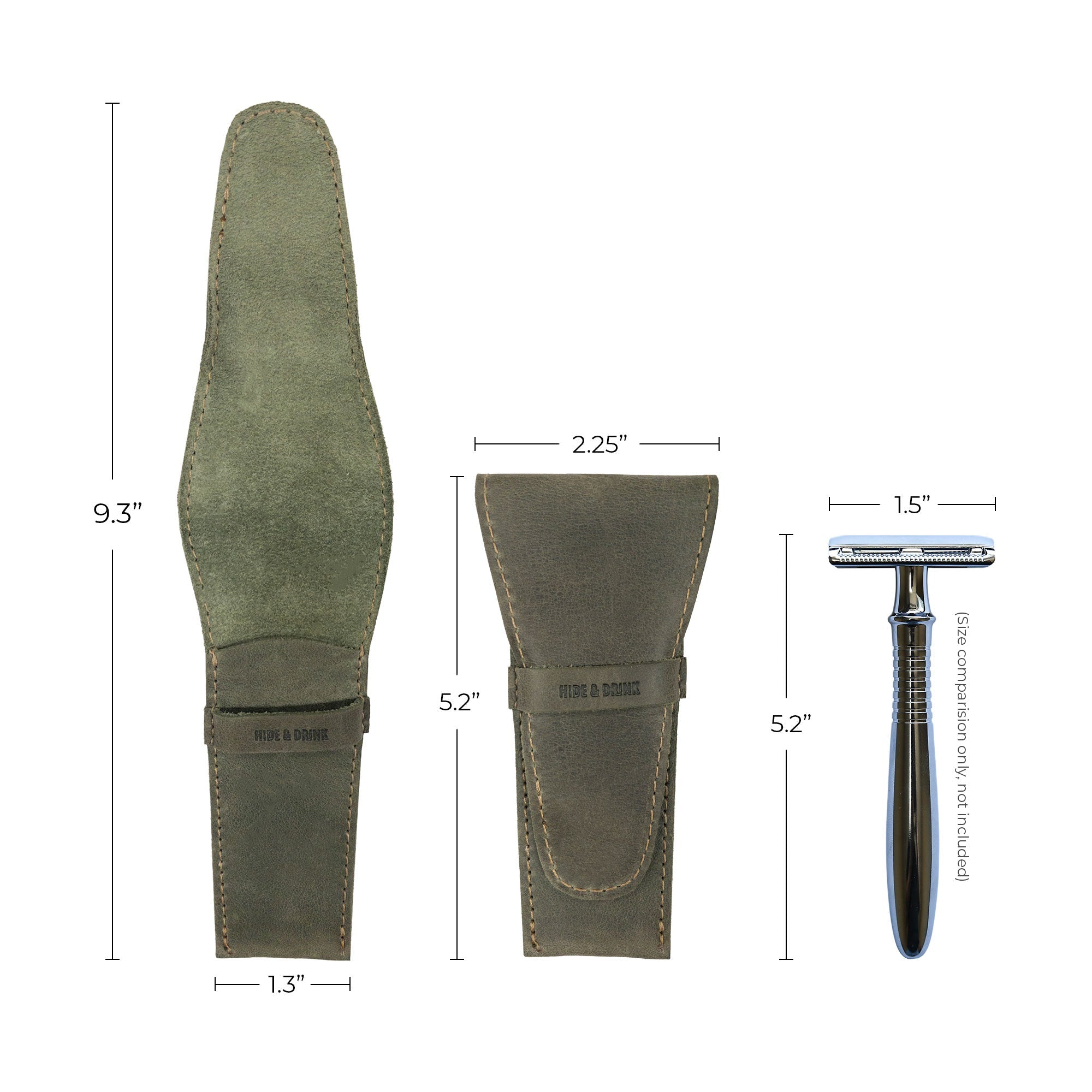 Detailed dimensions of Hide & Drink's Safety Razor Case, showcasing its compact size and design tailored for shaving accessories. This artisan-crafted case is made from Full Grain Leather, emphasizing the quality of small batch production and traditional hand cut and sewn techniques, ideal for personal care.