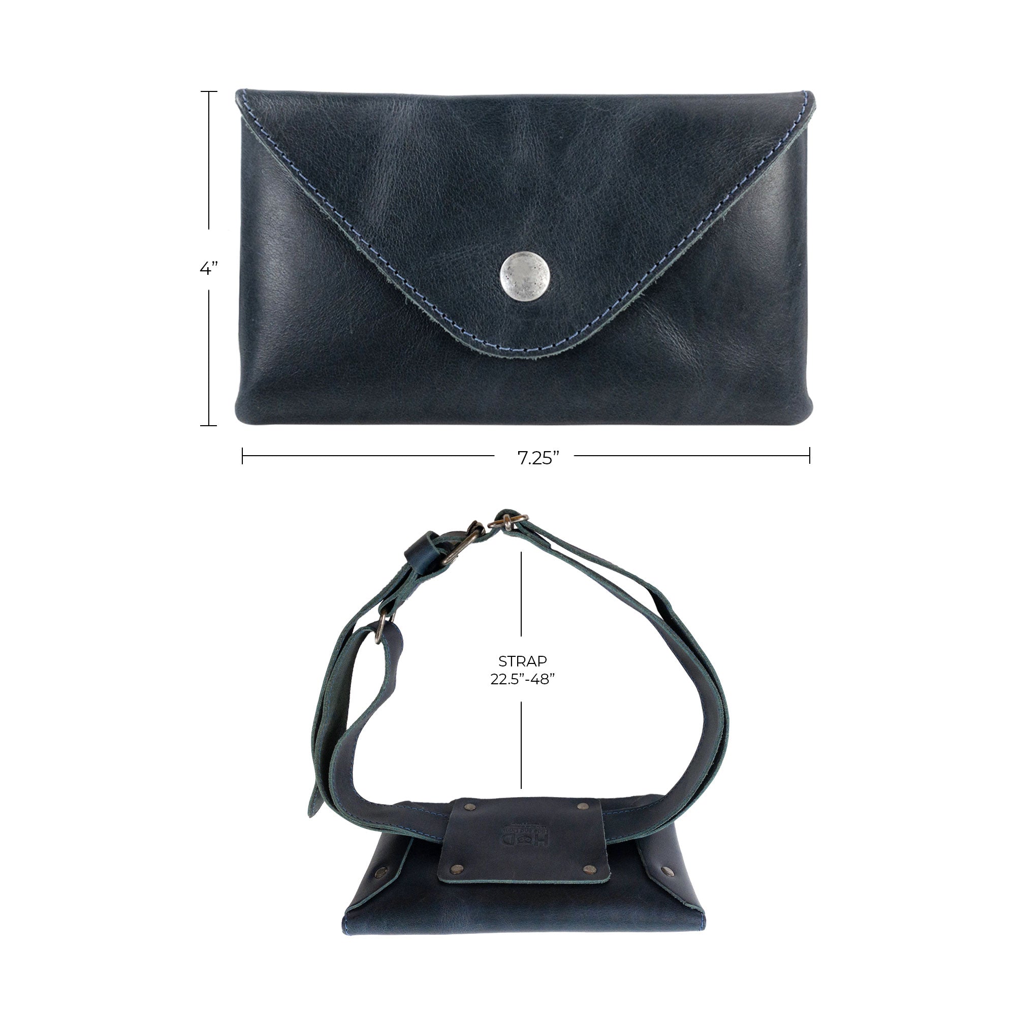 Specifications showcasing Hide & Drink's black Fancy Fanny Pack, illustrating its compact size. This artisan waist pouch in full grain leather is perfect for travel and daily use.