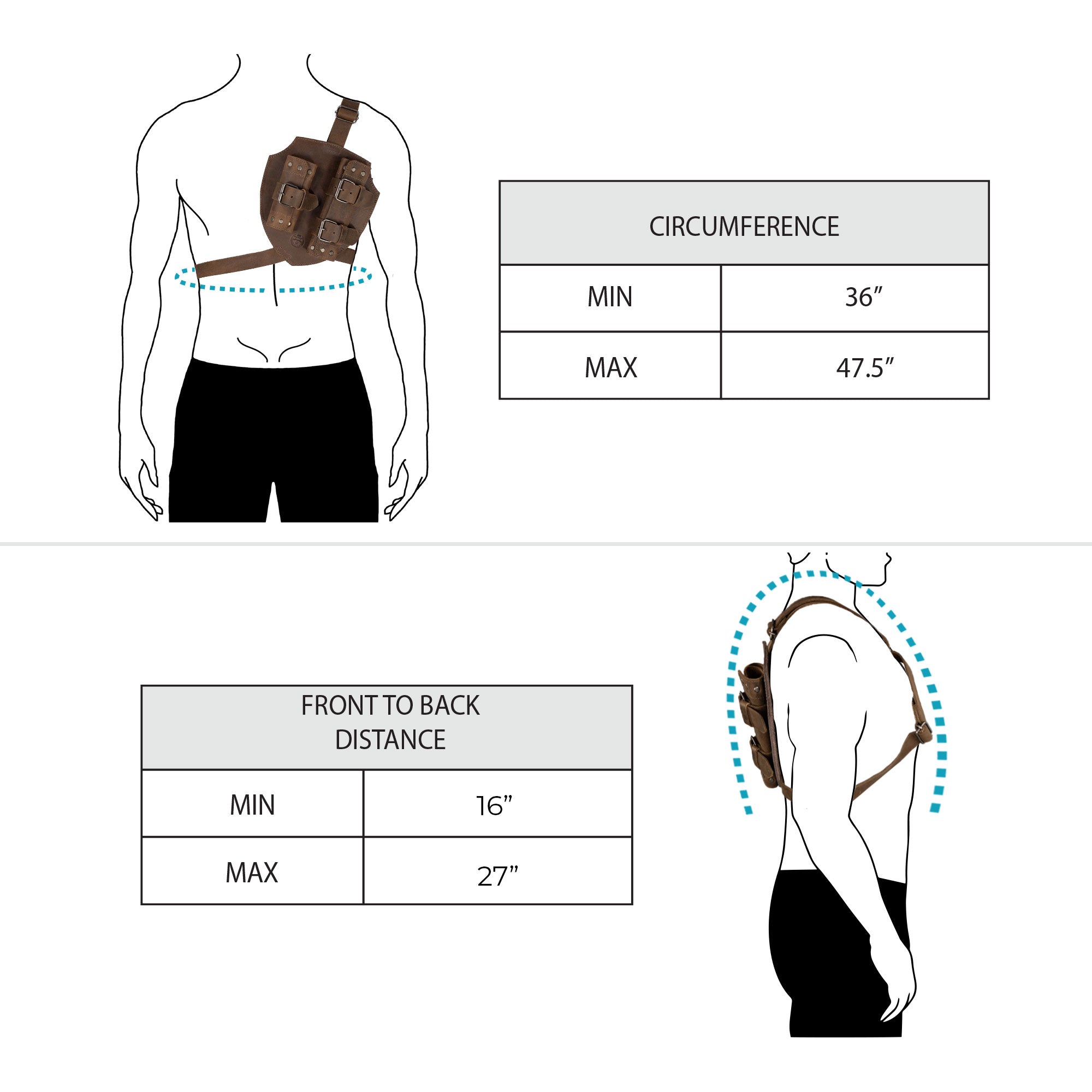 Infographic detailing measurements for the Medieval Back Double Sword Shoulder Frog, including circumference and depth. This product by Valhalla Gear is a handmade piece, ideal for warrior costume enthusiasts seeking a quality Renaissance sheath holster.