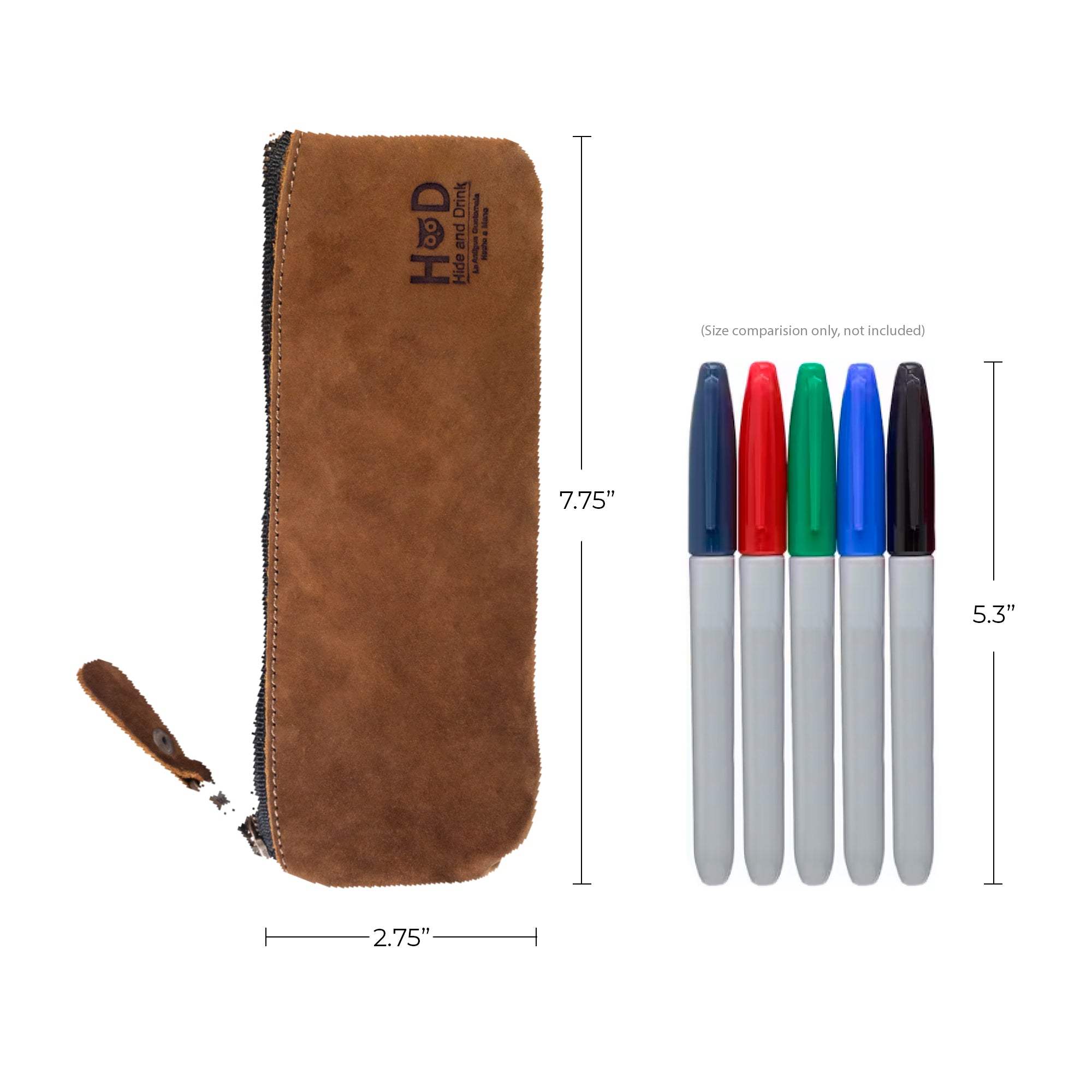 Hide & Drink Pencil Pouch and authenticity cards, showcasing the craftsmanship of a rectangular pencil case made from full grain leather. This stylish flat zippered holder serves as a pen & marker pouch for men and women, handcrafted in La Antigua Guatemala & Oaxaca Mexico, emphasizing small batch production.