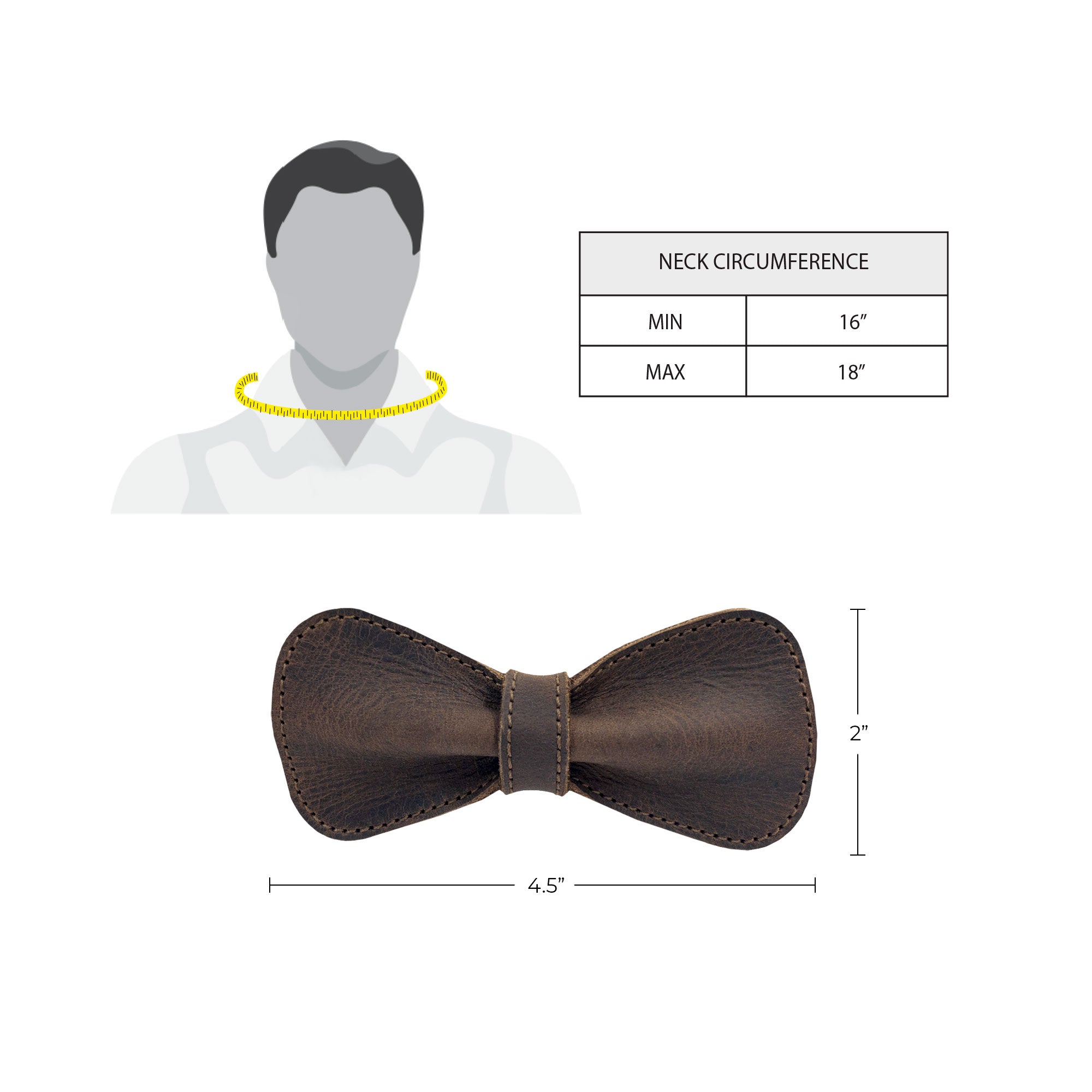 Specifications image of the Rounded Bow Tie for Groomsmen by Hide & Groom, demonstrating its dimensions and neck circumference details. This pre-tied bow tie is a perfect elegant accessory for weddings and formal occasions, crafted with care in Guatemala.