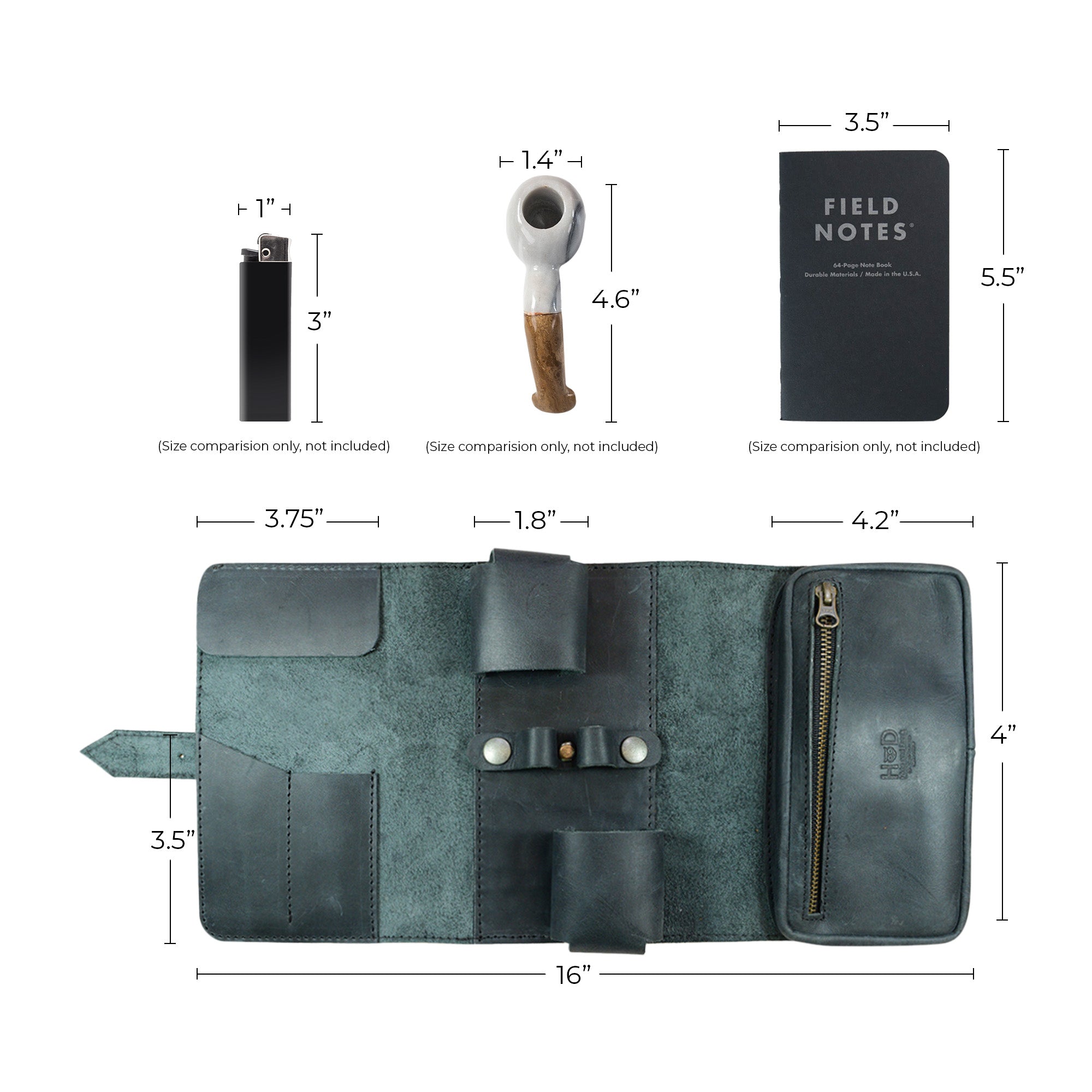 Comparative display of the Hide & Drink Double Pipe Tobacco Pouch with size references, emphasizing its practicality and Full Grain Leather quality. This artisan pouch is handmade in La Antigua Guatemala.