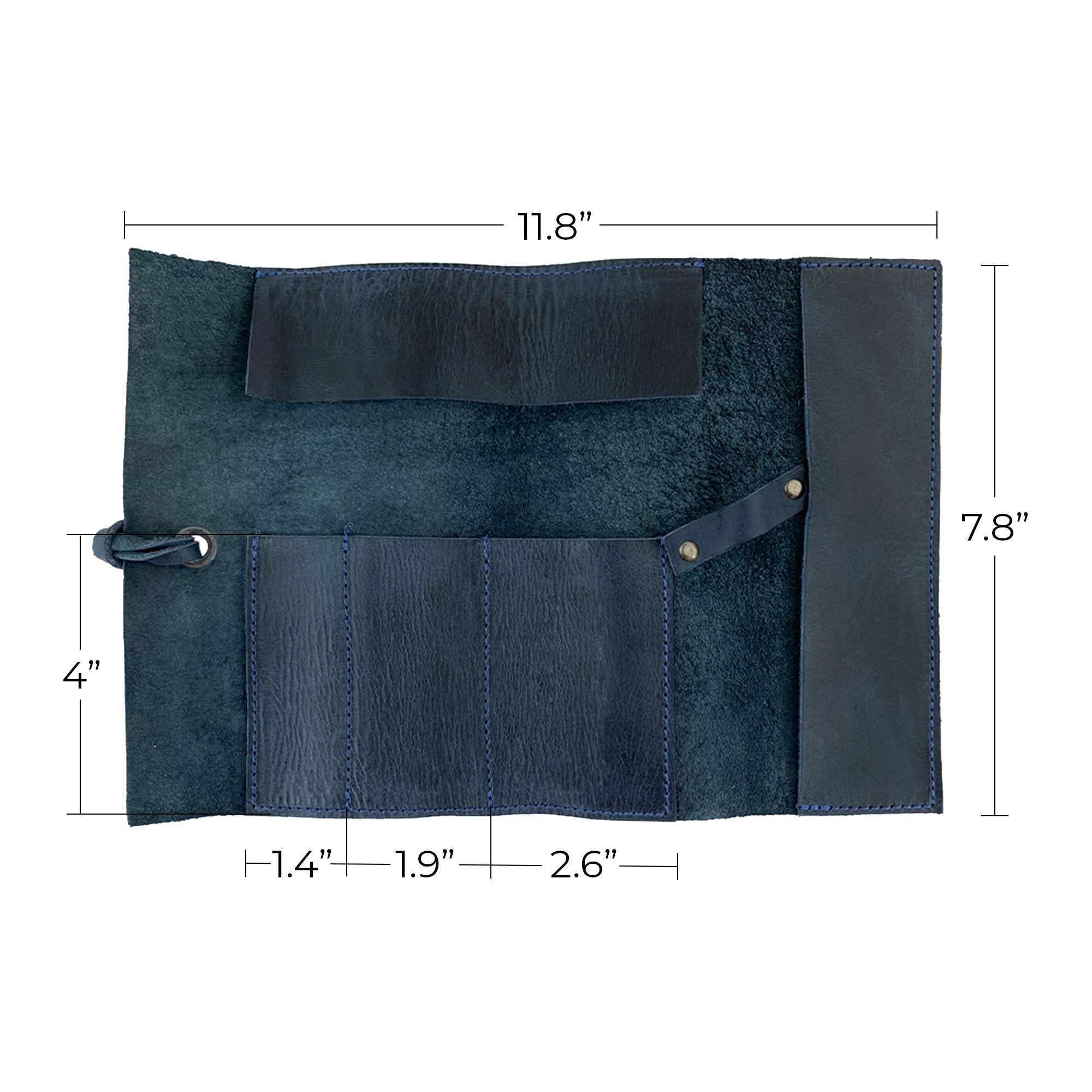 Hide & Drink Multi Purpose Pencil Roll fully open to reveal its compartment layout, emphasizing organization capabilities for craft supplies or work tools. The durable full grain leather merges utility with rustic charm.