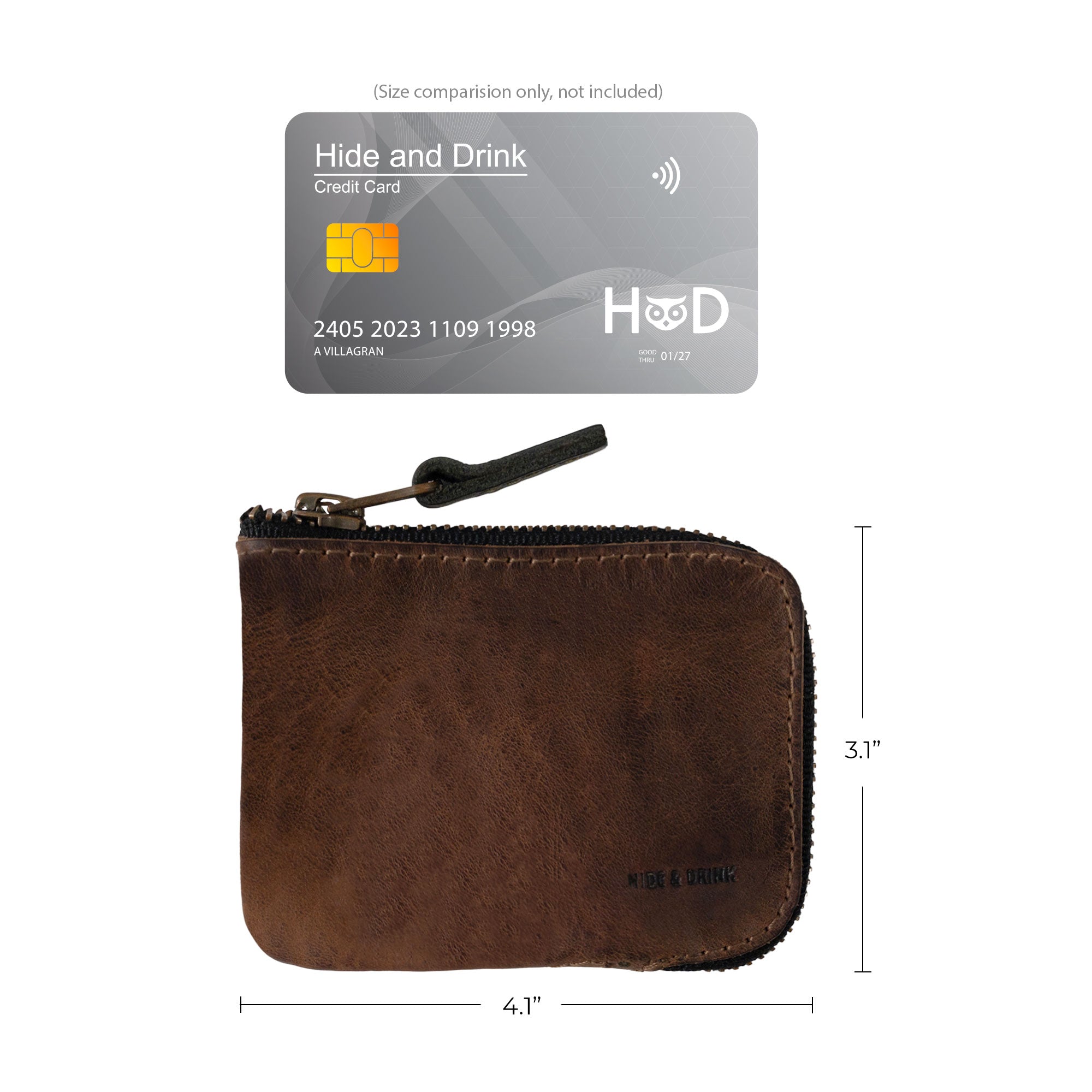A size comparison of the Hide & Drink Card Pocket Wallet next to a credit card. This zippered card wallet for men and women acts as a coin pouch and money holder, made from full grain leather and artisan-crafted in La Antigua Guatemala, showcasing its small batch production.