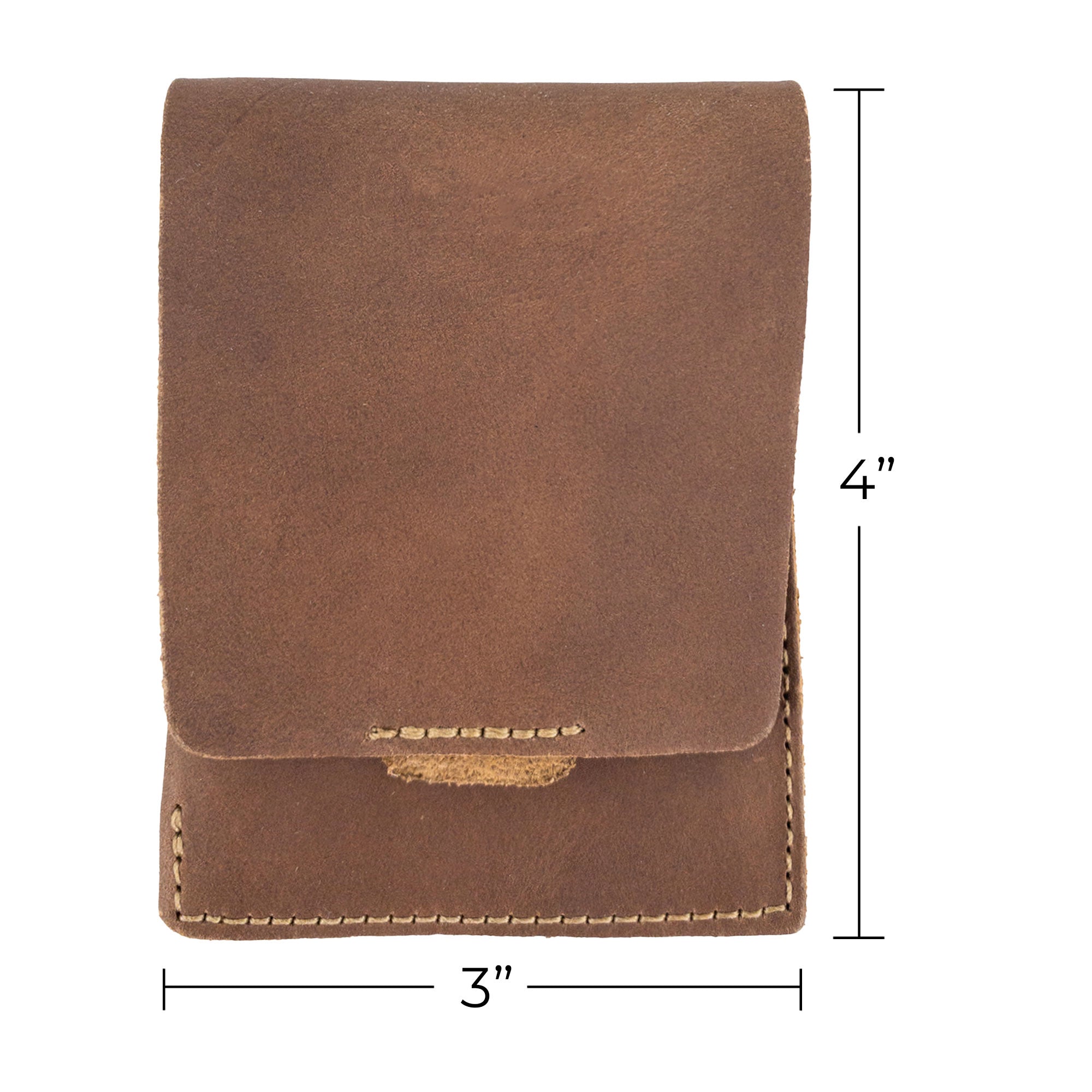 Hide & Drink Slim Card Holder dimensions showcased, perfect for a sleek, minimal carry option. Handmade from full grain leather, designed to hold up to 4 cards and folded bills, this wallet is crafted with care in La Antigua Guatemala.