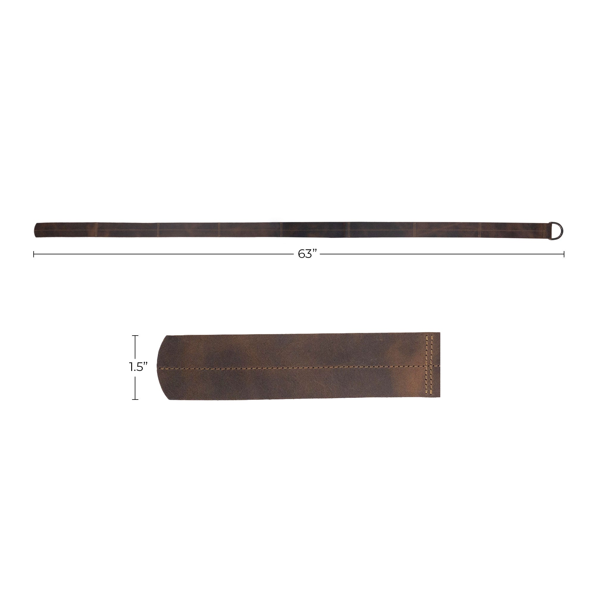 Dimensions of the Medieval Belt with Stitching from Valhalla Gear, measuring 63 inches in length. This durable full grain leather Medieval Belt for Men with Stitching is designed for comfort and style, representing small batch artisan production made in La Antigua Guatemala & Oaxaca Mexico.