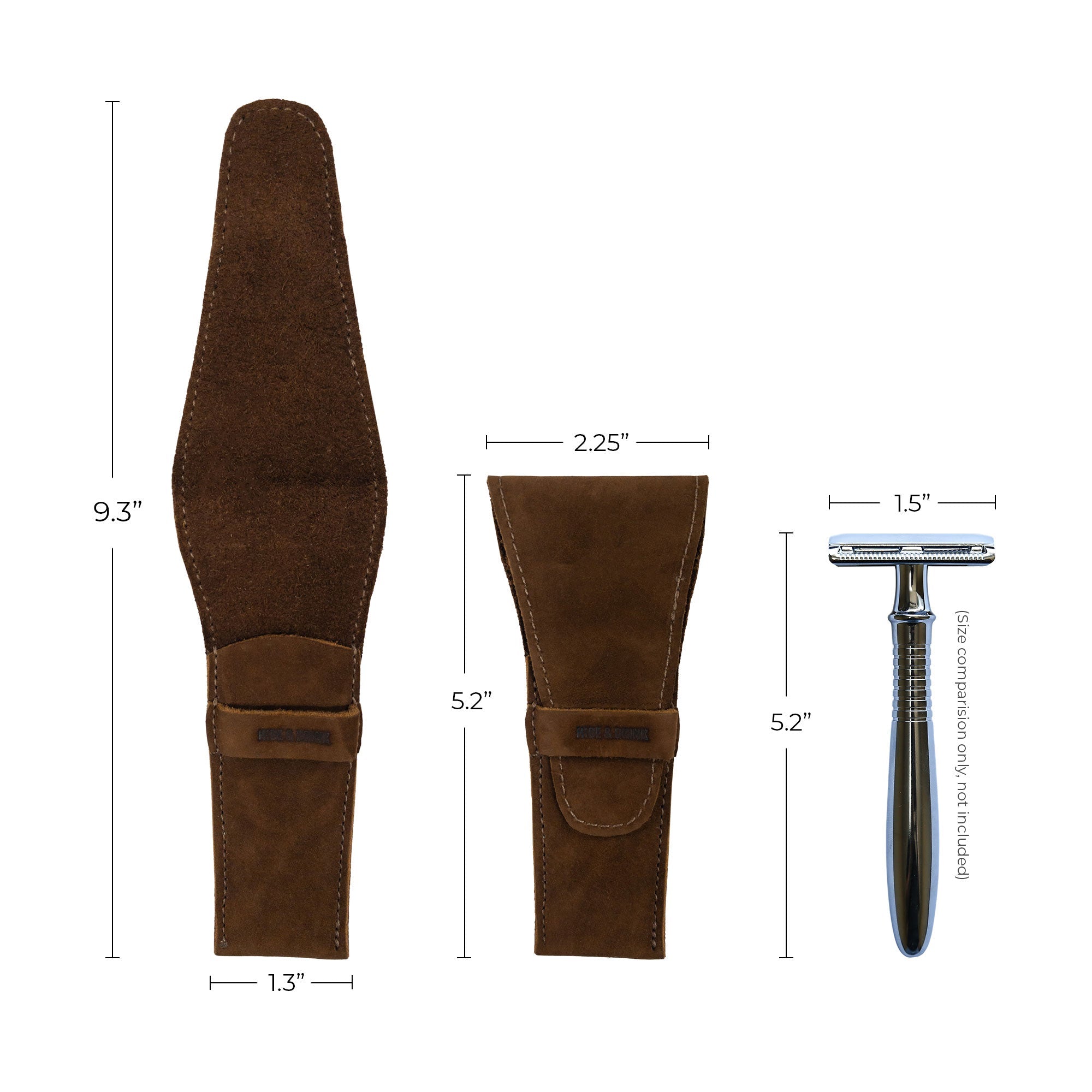 Safety Razor Case by Hide & Drink with attached leather tags, symbolizing its bespoke qualities. Made from Full Grain Leather, this case is an artisan-crafted accessory essential for personal grooming and shaving.