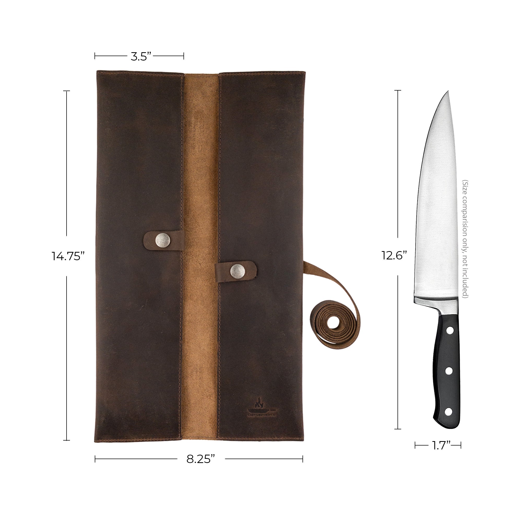 Cast Leather Co. Leather Double Knife Roll displayed alongside a detailed tag. This elegant Full Grain Leather Double Knife Roll enhances any kitchen setup, combining rustic storage for chefs and cooks with handmade quality from La Antigua Guatemala & Oaxaca Mexico.