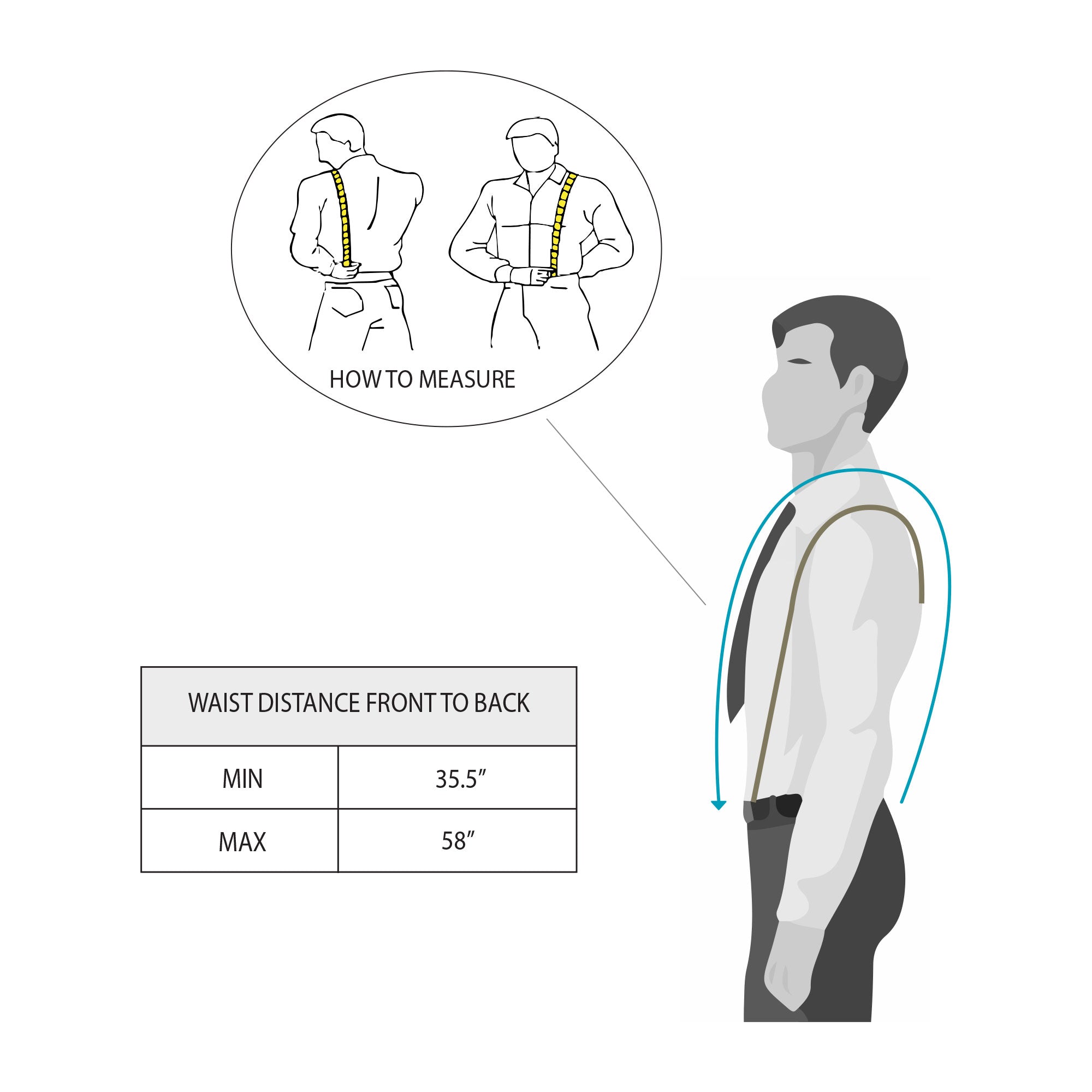 Infographic on how to measure for Drop Shaped Suspenders by Hide & Groom, featuring adjustable size straps for men; highlighting the Full Grain Leather material and artisan craftsmanship from La Antigua Guatemala & Oaxaca Mexico.