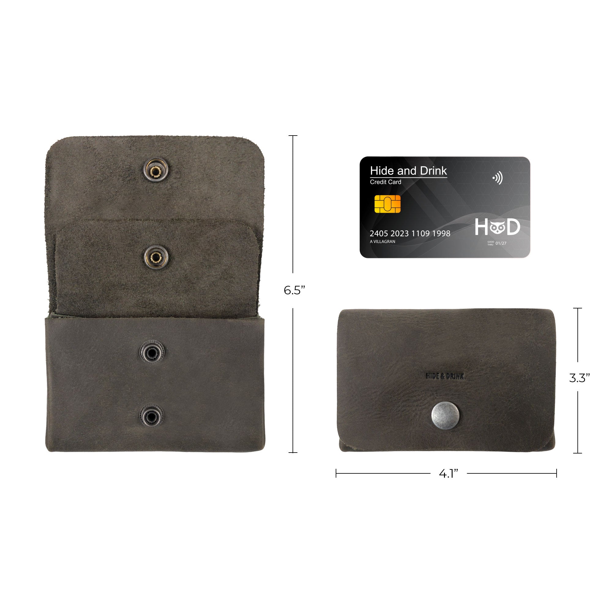 Dimensions of the olive Double Pouch Card Wallet by Hide & Drink with a credit card for comparison. This Leather Double Pouch Card Wallet is excellent for use as a card organizer, cash holder, and coin pouch for both men and women, made from Full Grain Leather in La Antigua Guatemala & Oaxaca Mexico.