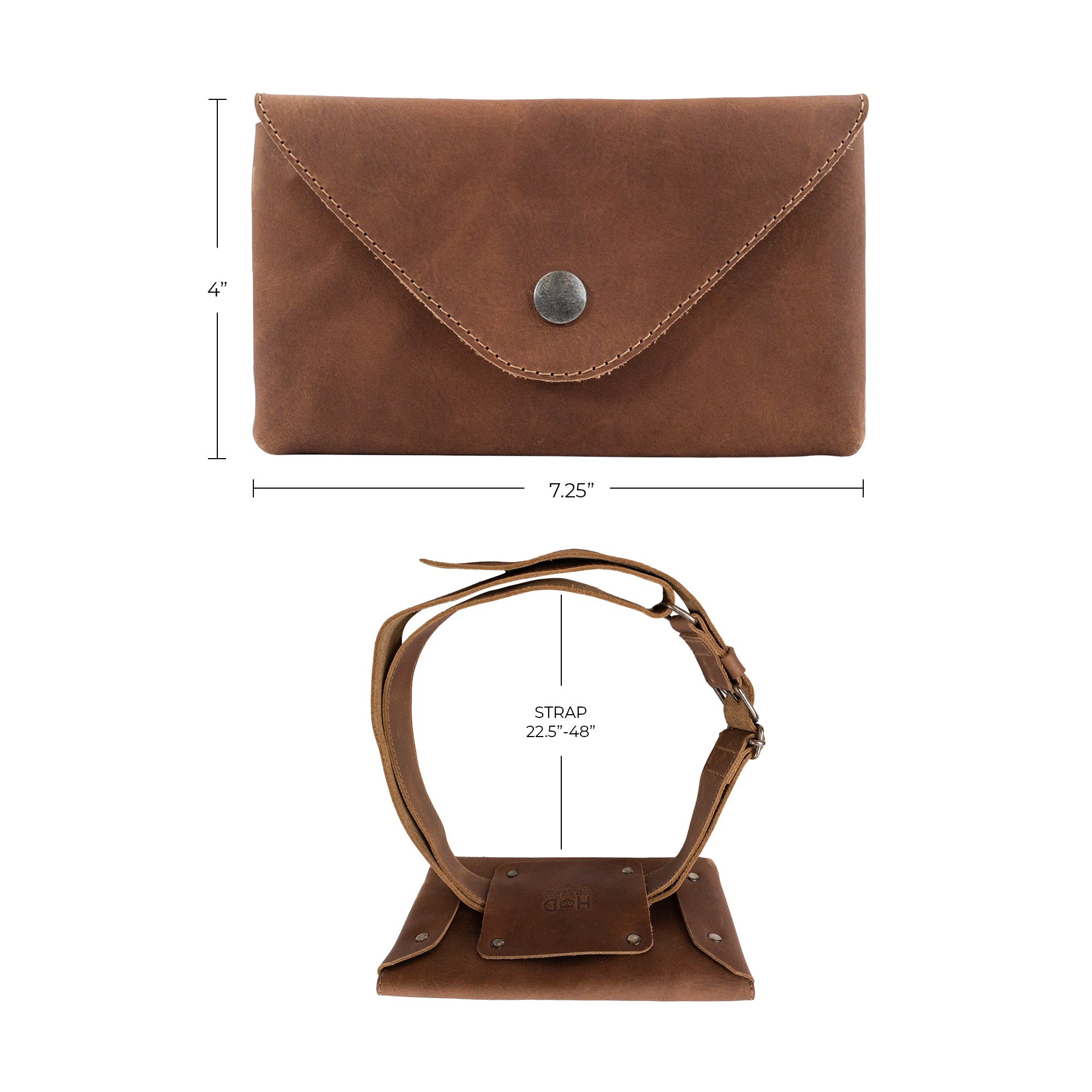 Specifications image for Hide & Drink's Fancy Fanny Pack in brown leather, showing its dimensions and strap length. This waist pouch is crafted from full grain leather, ideal for digital nomads and perfect as a stylish vintage purse.