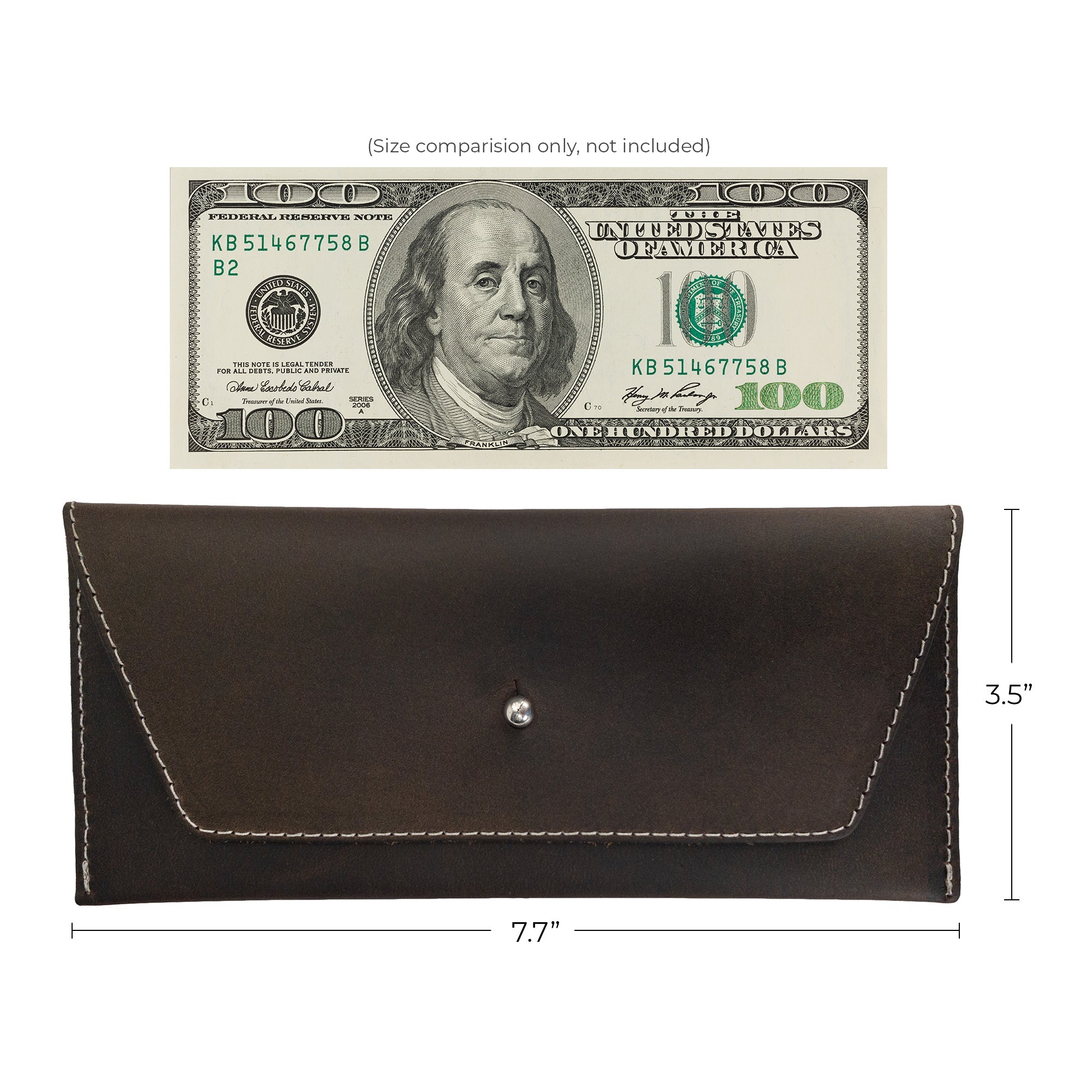 Dimensions of the brown Long Utility Pouch by Hide & Drink shown next to a hundred dollar bill for scale. A great wallet designed for functional use.