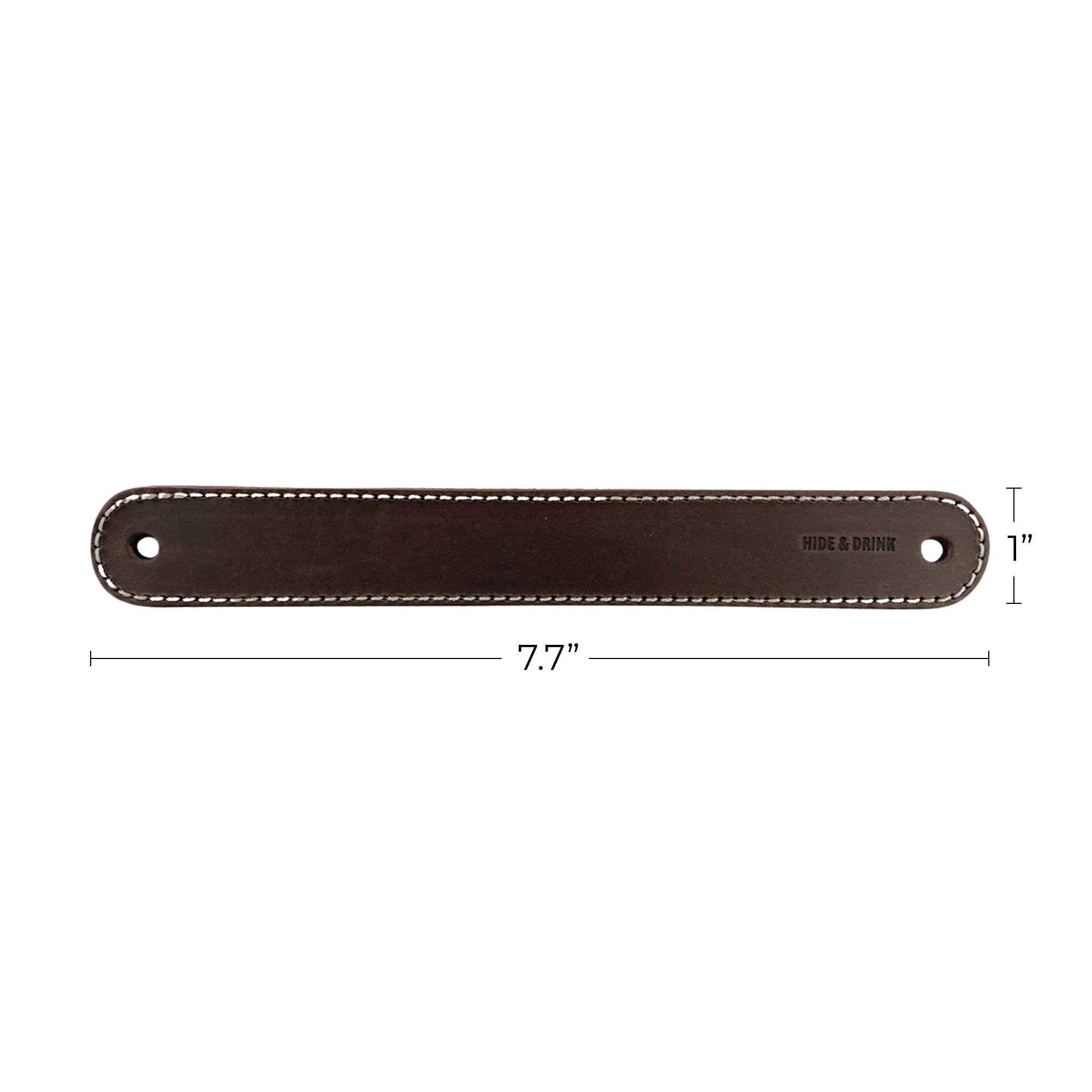 Hide & Drink Drawer Handles (4pk) displaying the dimensions of a leather handle, emphasizing its easy installation and durability. A stylish accessory handmade by artisans in La Antigua Guatemala.