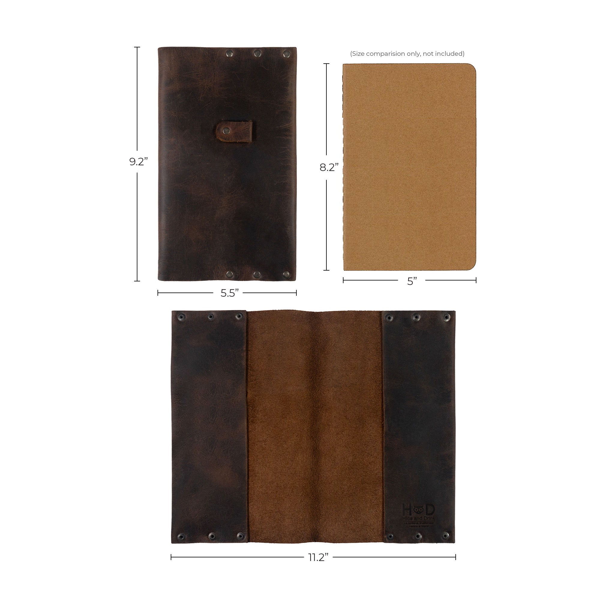 Hide & Drink's Riveted Journal Cover (5 x 8.50 in.) showcases a rustic and durable design made from full grain leather. This classic sleeve features a vintage style and is handmade in La Antigua Guatemala, ensuring each piece is unique. The Riveted Journal Cover for Notebook (5 x 8.50 in.) (Notebook Not Included) is perfect for anyone who appreciates small batch production and artisan craftsmanship.