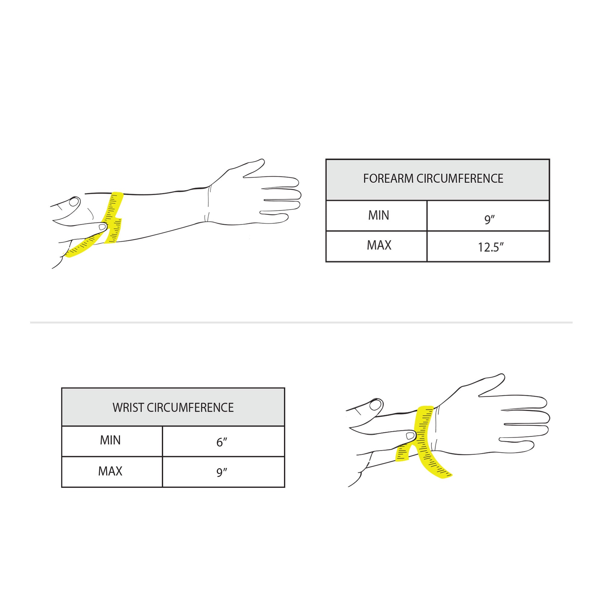 An illustration showing measuring guidelines for the 3-Buckle Archery Bracer by Valhalla Gear. This visual aid helps users determine their size for the armband, which is made from durable full grain leather with adjustable buckle straps for a perfect fit.