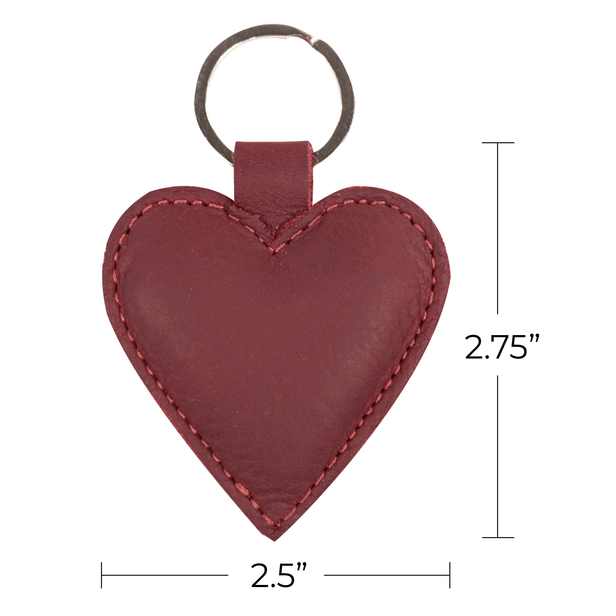 Heart Keychain by Hide & Drink, with dimensions displayed, showcasing its practicality alongside its cute heart shape. Made from durable Full Grain Leather, this keyring holder is an artisan piece of small batch production, hand cut and hand sewn in La Antigua Guatemala & Oaxaca Mexico, ensuring a stylish way to keep your keys organized.