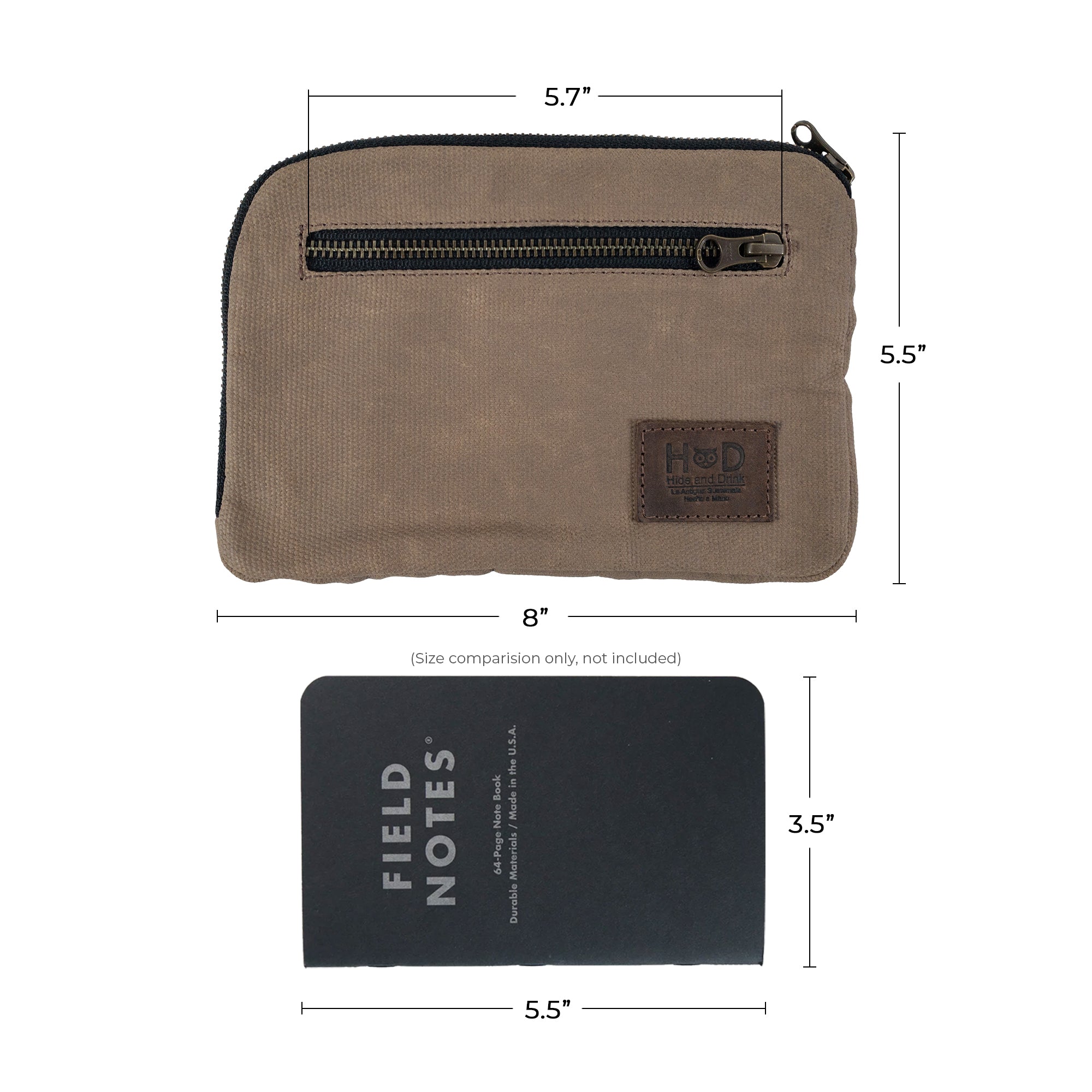 Size depiction of Hide & Drink's Zipper Gear Pouch highlighting its dimensions, emphasizing its compact nature suitable for on-the-go needs, crafted from water resistant waxed canvas.