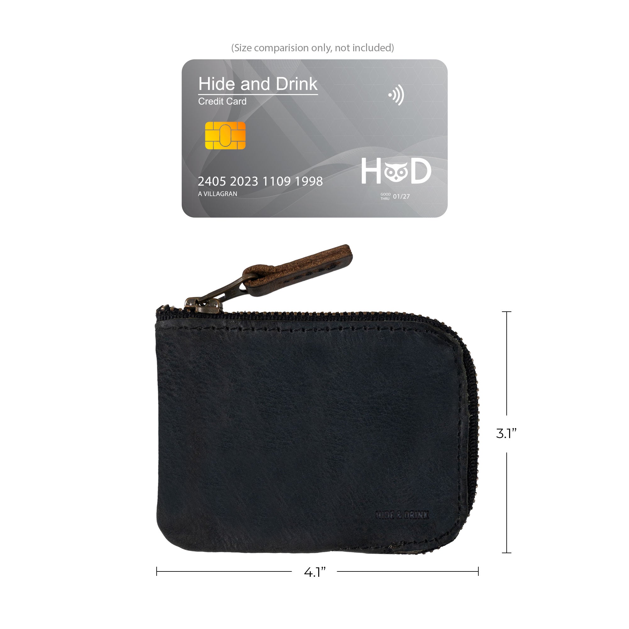 The size comparison of a Hide & Drink Card Pocket Wallet in sleek black leather. This zippered card wallet for men and women serves as a coin pouch and money holder, crafted from full grain leather and highlighting the small batch artisan production from La Antigua Guatemala.