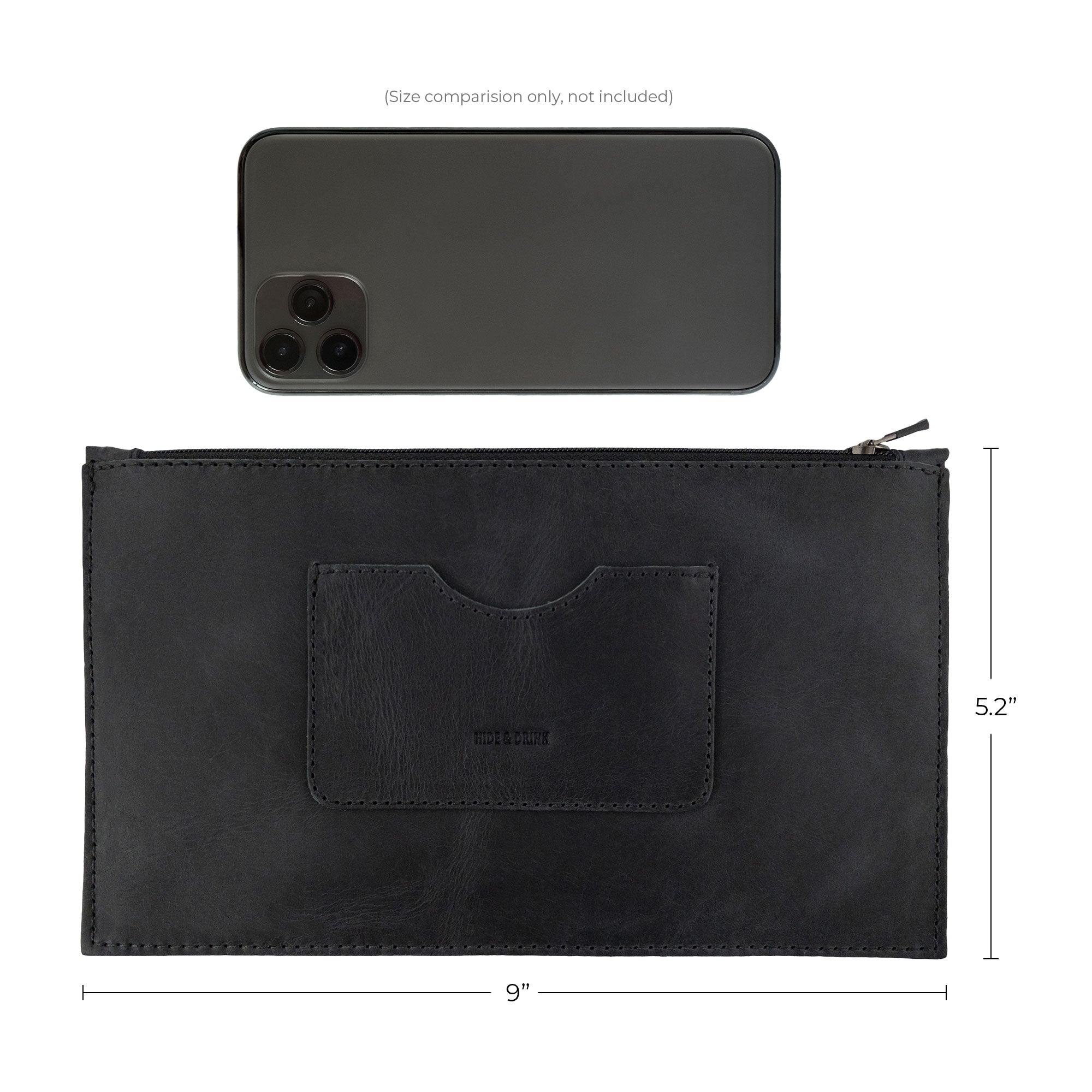 Size comparison of a black rectangular zippered handbag by Hide & Drink next to an iPhone, illustrating its dimensions. This stylish female purse features a card slot and is made from full grain leather, showcasing artisan craftsmanship and small batch production techniques, hand made in La Antigua Guatemala & Oaxaca Mexico.