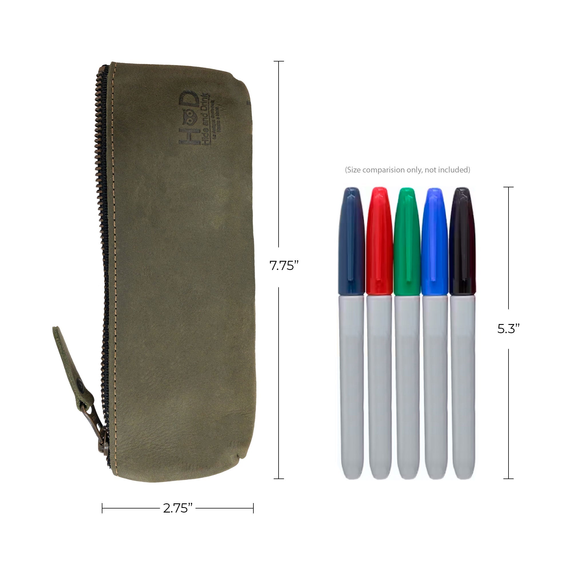 Hide & Drink Pencil Pouch in olive green, showcasing its stylish design as a practical writing instrument holder. This flat zippered holder is crafted from premium full grain leather, embodying classic style and artisan quality from La Antigua Guatemala & Oaxaca Mexico, suitable for everyone.