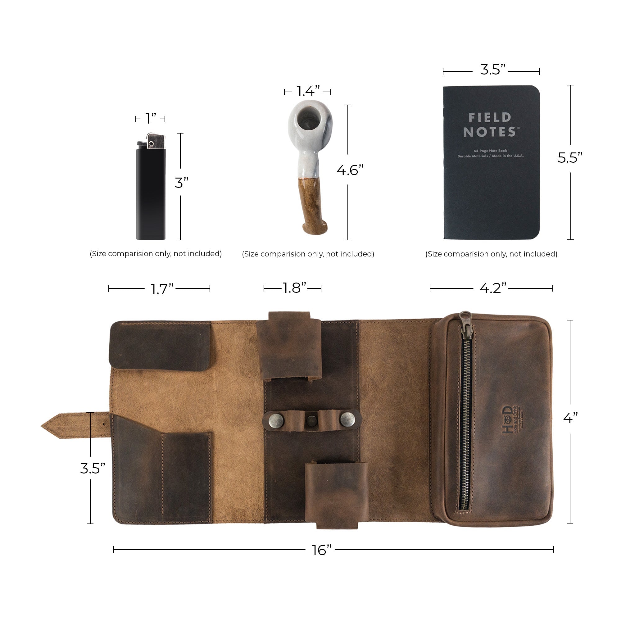Comparative display of the brown Hide & Drink Double Pipe Tobacco Pouch with items for size reference, showcasing its practical design crafted from Full Grain Leather by artisans.