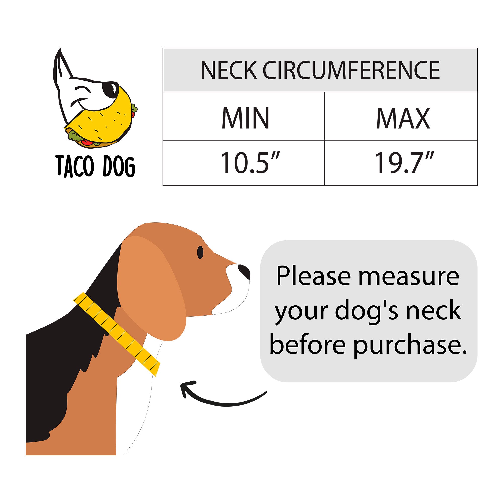 Image depicting the size chart for Taco Dog Rustic Leather Dog Collar, designed for measuring neck circumference of medium to large dogs. Each collar features strong craftsmanship from La Antigua Guatemala.