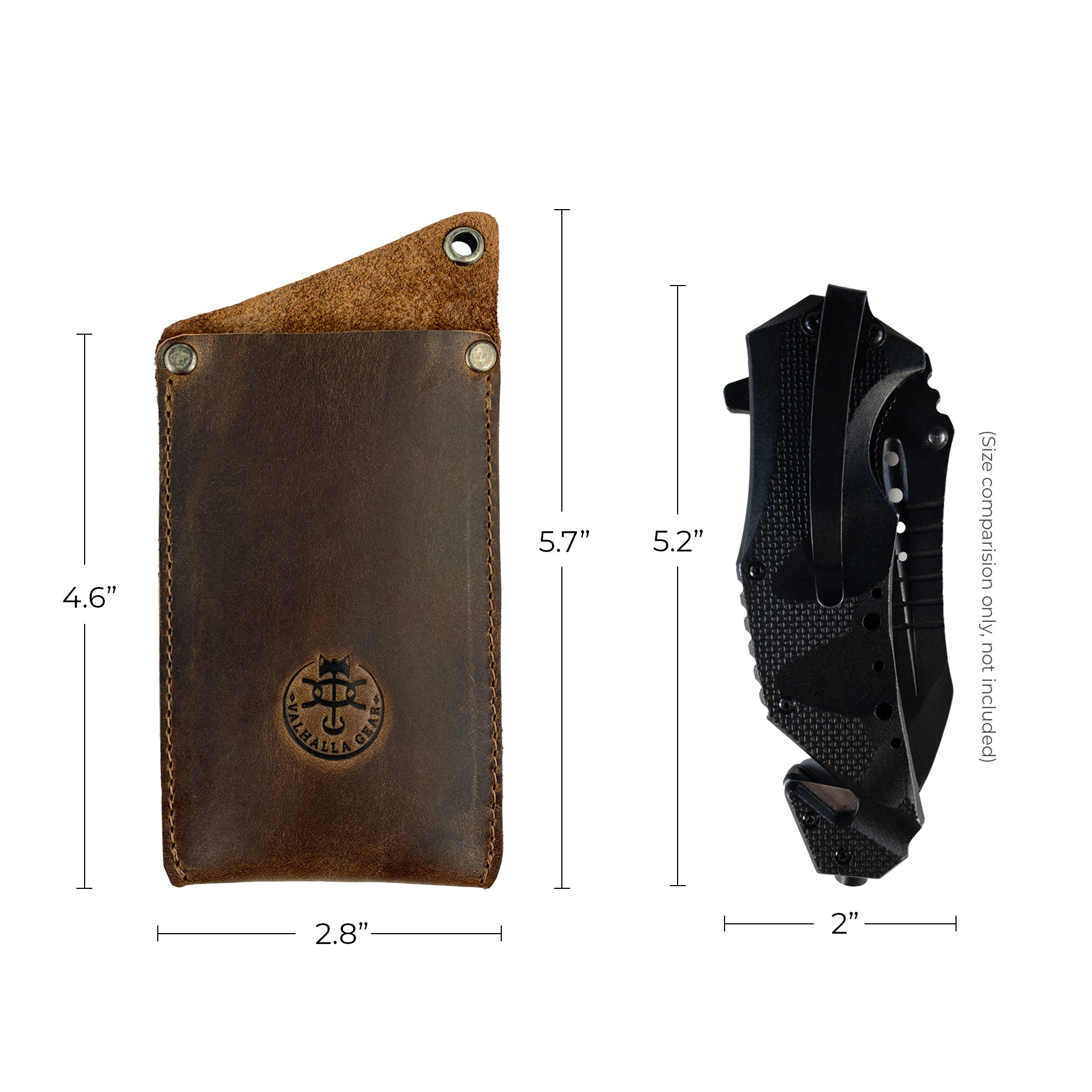 Valhalla Gear EDC Knife Sheath displayed with a sizing reference, highlighting its full grain leather construction. This rectangular knife sheath serves as a vertical holster for multitools, making it an essential case for camping and outdoor accessories. Handmade in La Antigua Guatemala as part of small batch production.