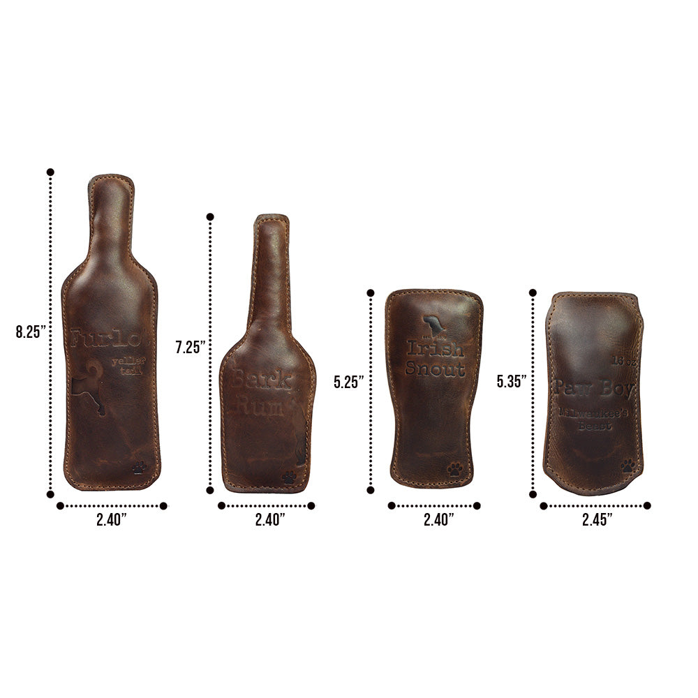Chew Toy for Dogs Drinking Theme by Hide & Drink displays all four drink-themed chew toys for dogs. This complete set consists of Dog Chew Toys (4 Pieces) / Drinks Chew Toy for Dogs, crafted from durable full grain leather with a commitment to small batch production, all hand cut, hand sewn, and fire branded by artisans in La Antigua Guatemala & Oaxaca Mexico.