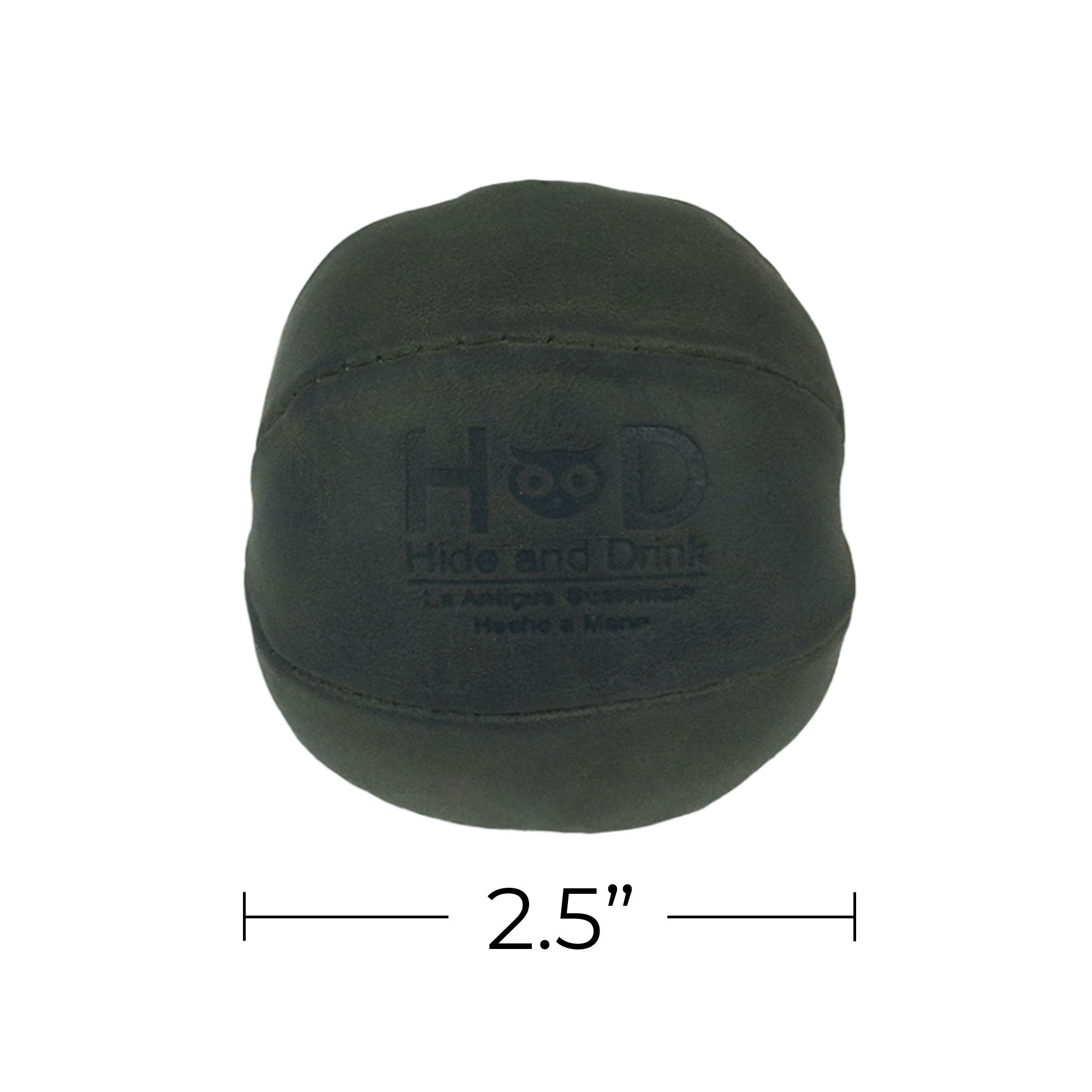 Hide & Drink green Stress Ball dimensions showcased, perfect for easy handling at 2.5 inches. An ideal squishy tension accessory for relieving fidgeting and anxiety, handcrafted from full grain leather in La Antigua Guatemala.