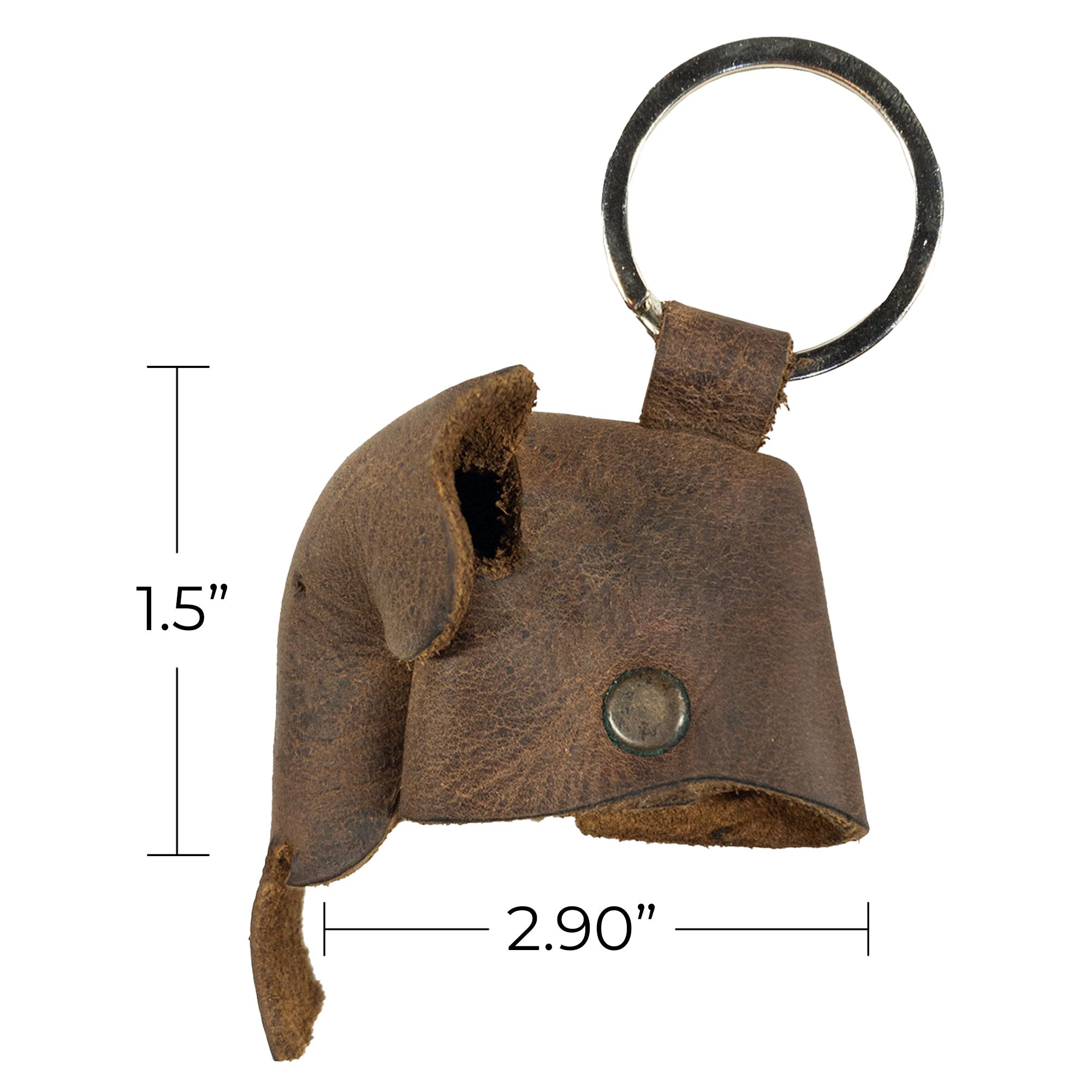 Genuine Full Grain Leather Animal Key Chain by Hide & Drink showcasing a charming elephant shape. This Critter Keychain acts as both a whimsical fob charm and an elegant animal key holder charm pendant, representing small batch production craftsmanship.