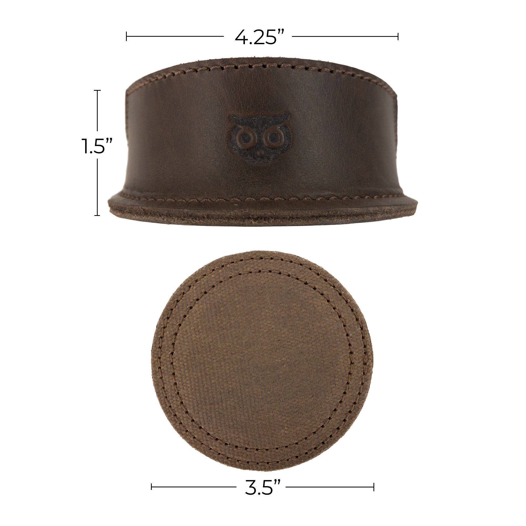 The dimensions of the brown leather holder and coaster from the Set of 8 Circular Coasters for Drinks by Hide & Drink. Ideal for Glass & Cups Stain Protection, this premium set is made from Waxed Canvas and Full Grain Leather. Dive into the craftsmanship of StockyardX with these Small Batch Production items, which are Hand Cut, Hand Sewn, Fire Branded, and made Artisan, Handmade in La Antigua Guatemala & Oaxaca Mexico.