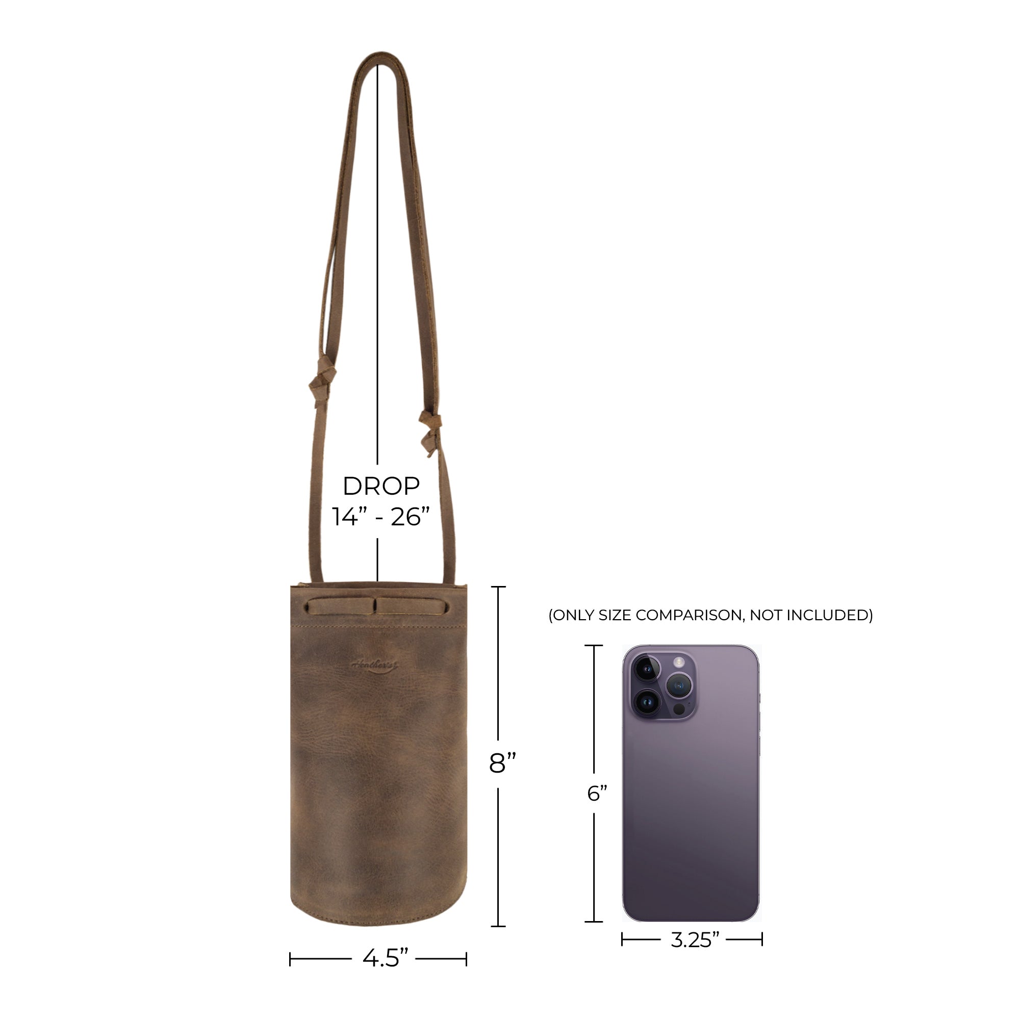 Heather's Cylinder Shoulder Phone Bag alongside a size comparison to a smartphone and other accessories, emphasizing its practicality. This comfortable cylinder-shaped purse with adjustable shoulder strap is made from full grain leather, showcasing artisan workmanship from StockyardX and the essence of small batch production with hand cut, hand sewn features. Handmade in La Antigua Guatemala & Oaxaca Mexico.