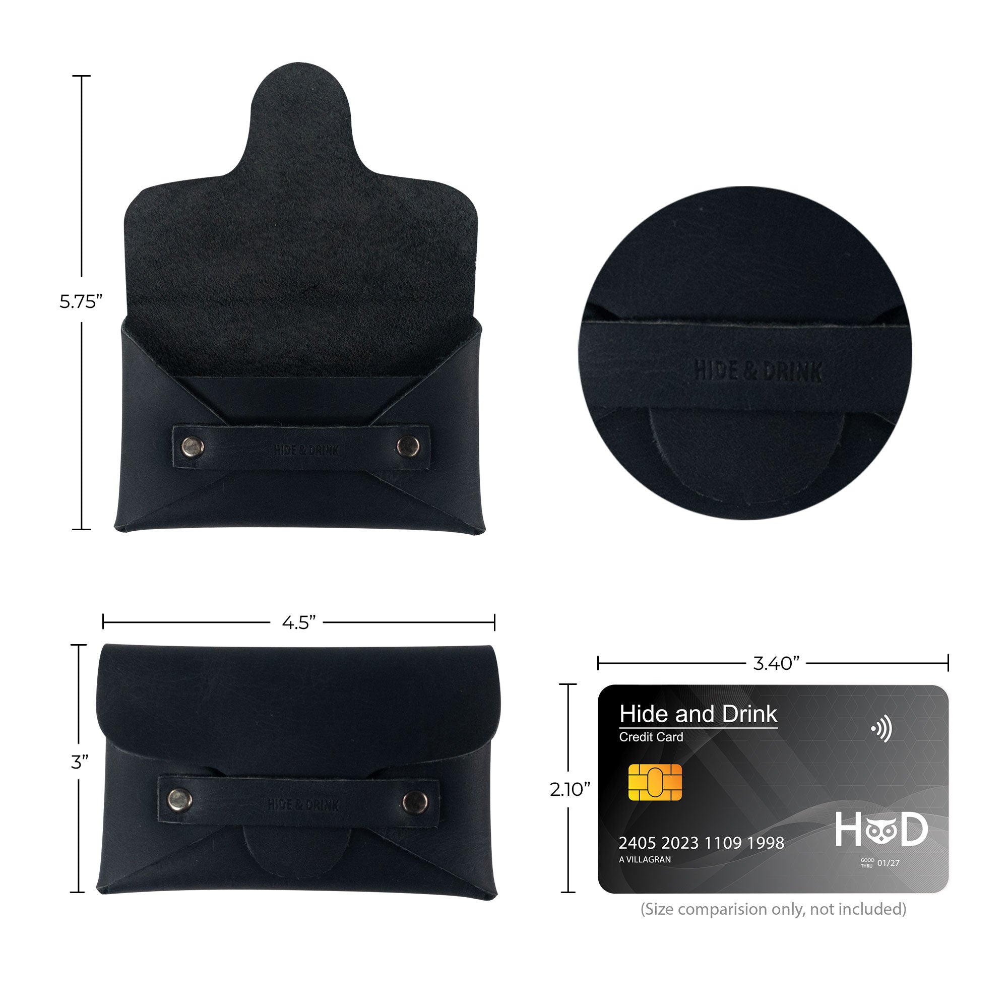 Visual dimensions of the Snapless Business Card Holder by Hide & Drink, featuring its practical and stylish design. This vintage wallet for men and women is made from high-quality Full Grain Leather and serves as a sturdy pouch and money organizer, with expert hand cut and sewn details crafted in La Antigua Guatemala and Oaxaca Mexico.