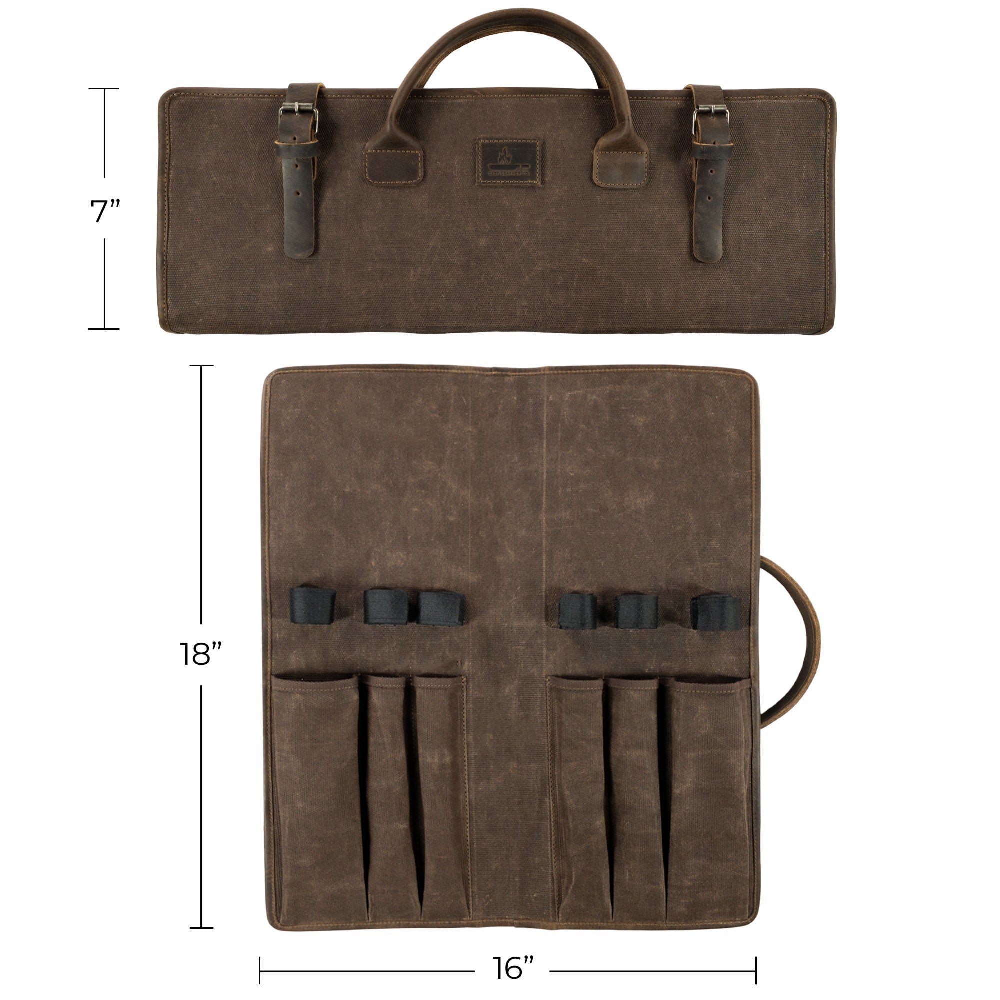 Dimensions of Cast Leather Co. Grill Tool Holder (Tools NOT included) displayed with measurements for optimal sizing. This Grill Tools Set Case is designed to hold BBQ grilling accessories, made from durable full grain leather and waxed canvas, suitable for camping set storage. A handmade artisan product, showcasing quality craftsmanship from La Antigua Guatemala and Oaxaca Mexico.