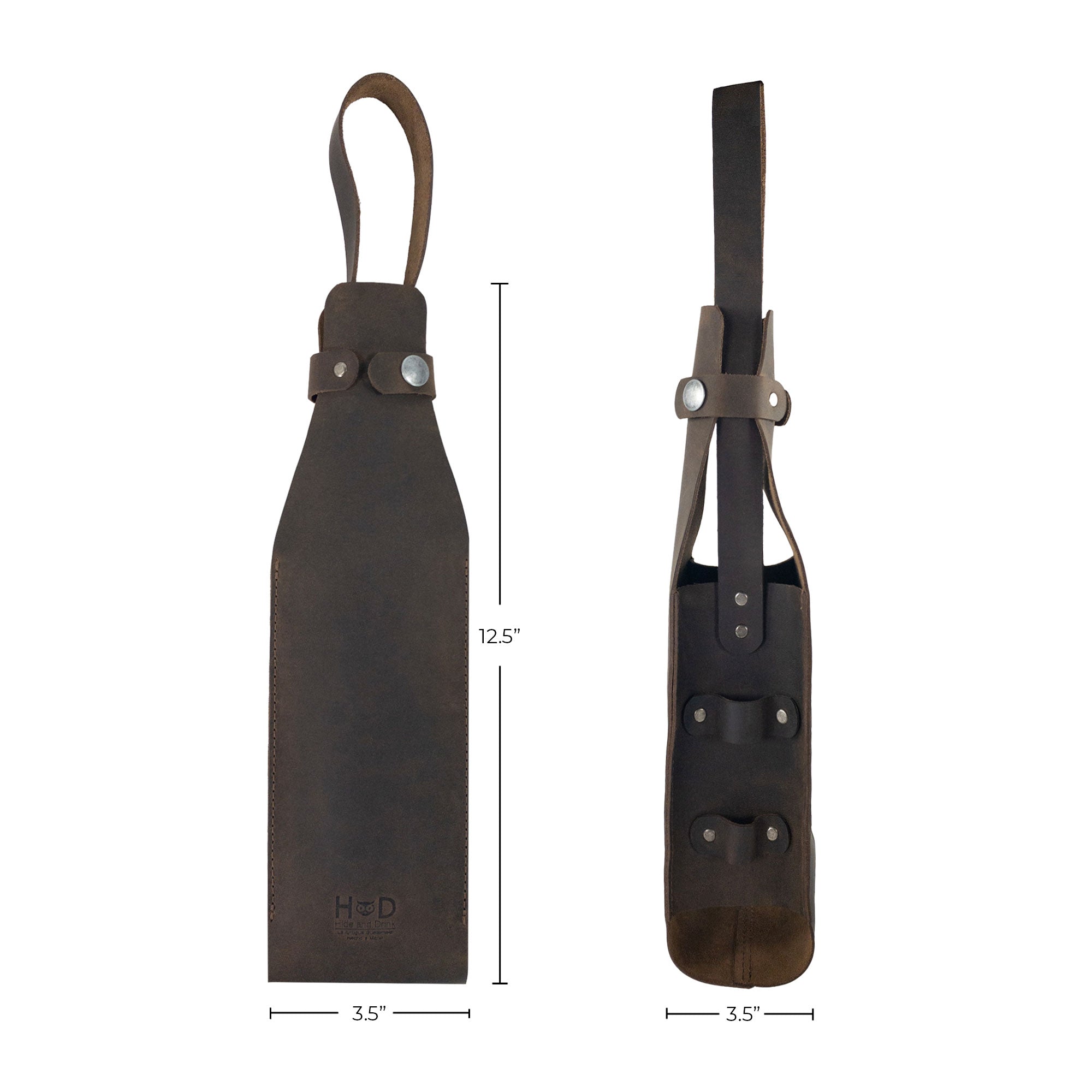 Hide & Drink's Single Bottle Wine Carrier being presented alongside a card, highlighting the artisan's signature quality. This Full Grain Leather Single Bottle Wine Carrier stands out with its handcrafted glory, representing Small Batch Production and meticulous craftsmanship from La Antigua Guatemala & Oaxaca Mexico.