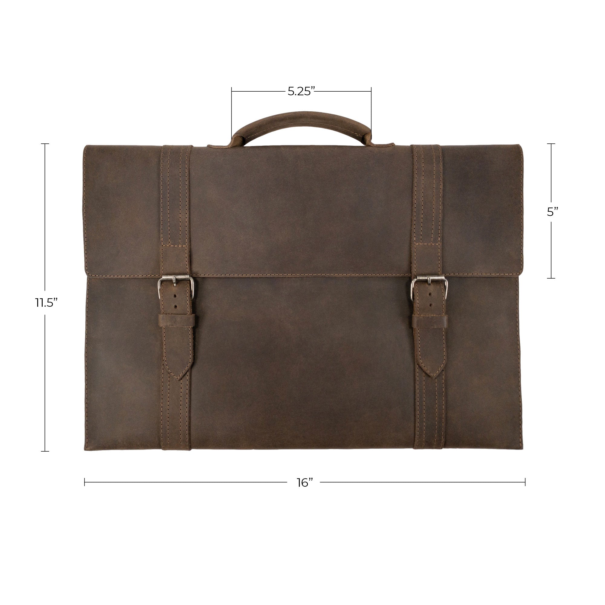 Dimensions of the Hide & Drink Portable Laptop Case displayed clearly, featuring its meticulous full grain leather design with artisan craftsmanship emphasizing its quality as a handmade product.