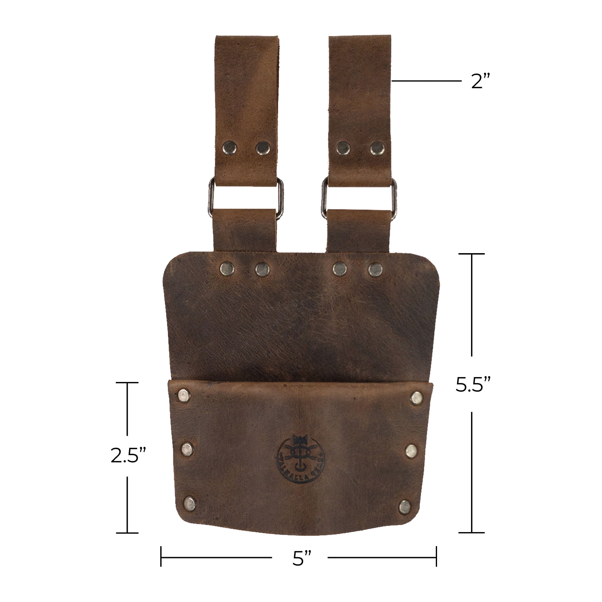 Detailed specifications of the Axe Holster, Durable Carrier for Lumberjack by Valhalla Gear, featuring dimensions and construction details. This full grain leather accessory for tools is perfect for safe and convenient home improvement, showcasing handmade quality from La Antigua Guatemala.