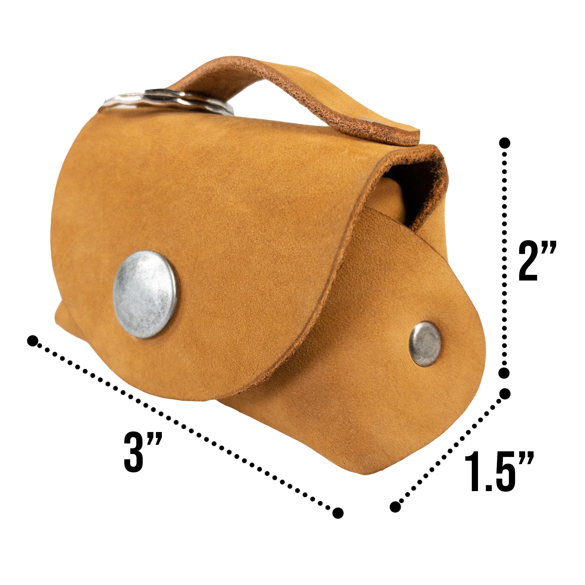 Measurements and detailed view of the mustard Tiny Handbag Keychain by Hide & Drink, illustrating the Tiny Handbag with Key Ring Holder made from Full Grain Leather, reaffirming its stylish design. This piece is part of Small Batch Production, Hand Cut, Hand Sewn, and Fire Branded, proudly Handmade in La Antigua Guatemala & Oaxaca Mexico.
