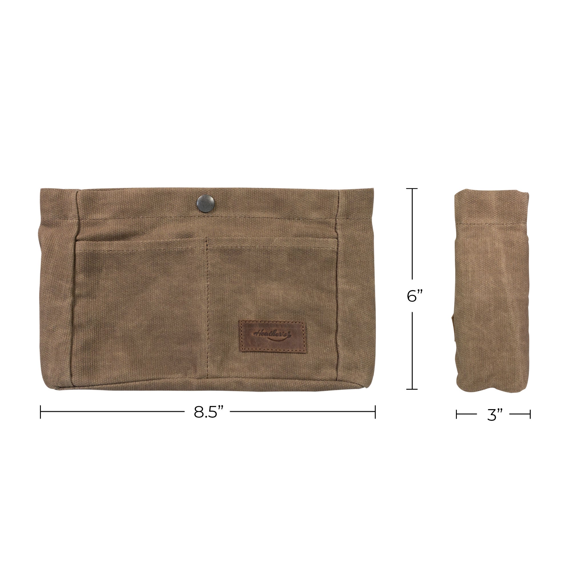 Heather's Purse Organizer Insert, beautifully packaged with branding and artisan details. Made of durable Waxed Canvas, this travel accessory is designed for organized storage in handbags and tote bags, showcasing small batch production in La Antigua Guatemala & Oaxaca Mexico.
