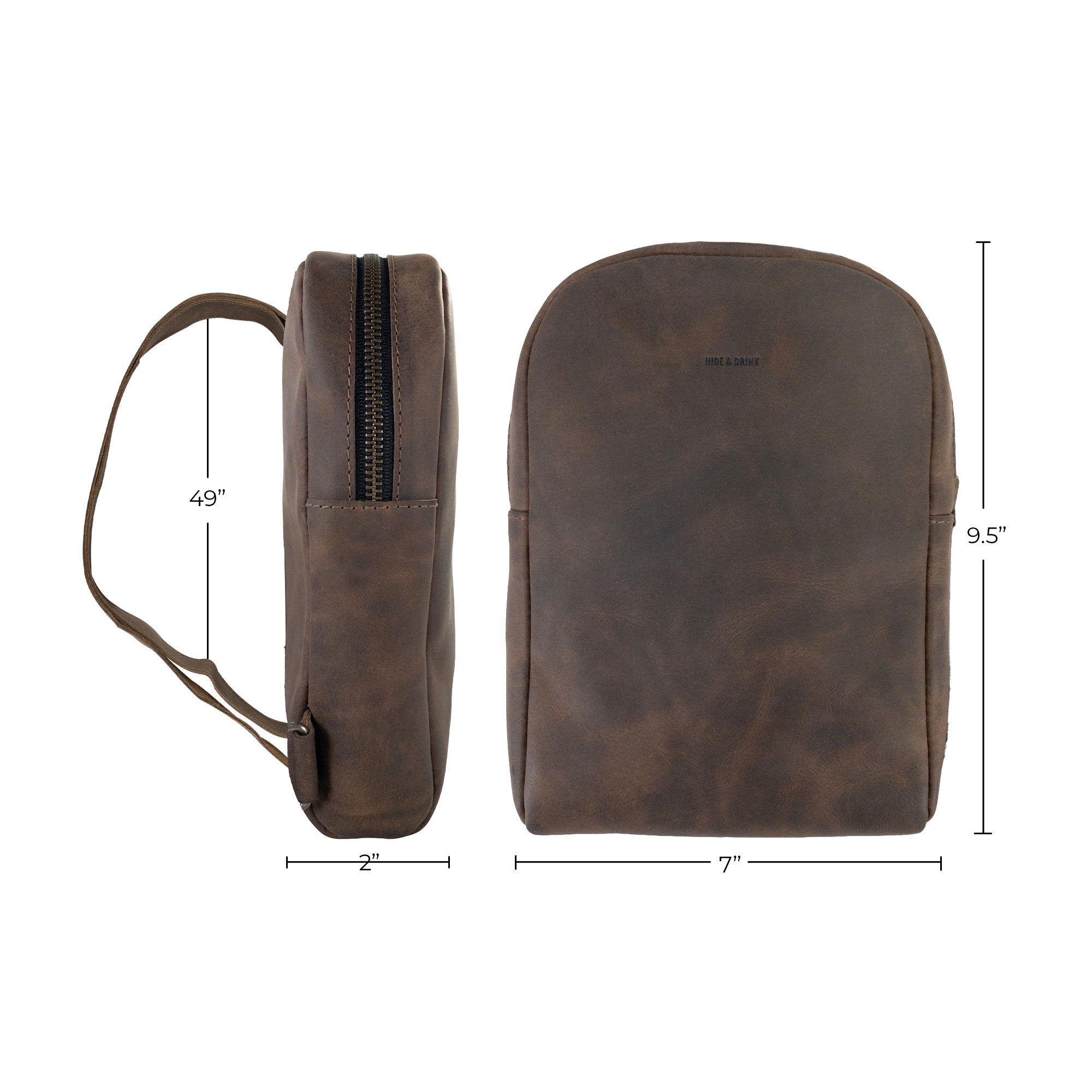 Dimensions of the Hide & Drink Crossbody Rounded Bag displayed, emphasizing its compact yet spacious design. This Rounded Crossbody Bag with Adjustable Strap, made from high-quality Full Grain Leather, is a favorite amongst travelers, reflecting artisan craftsmanship from La Antigua Guatemala & Oaxaca Mexico.