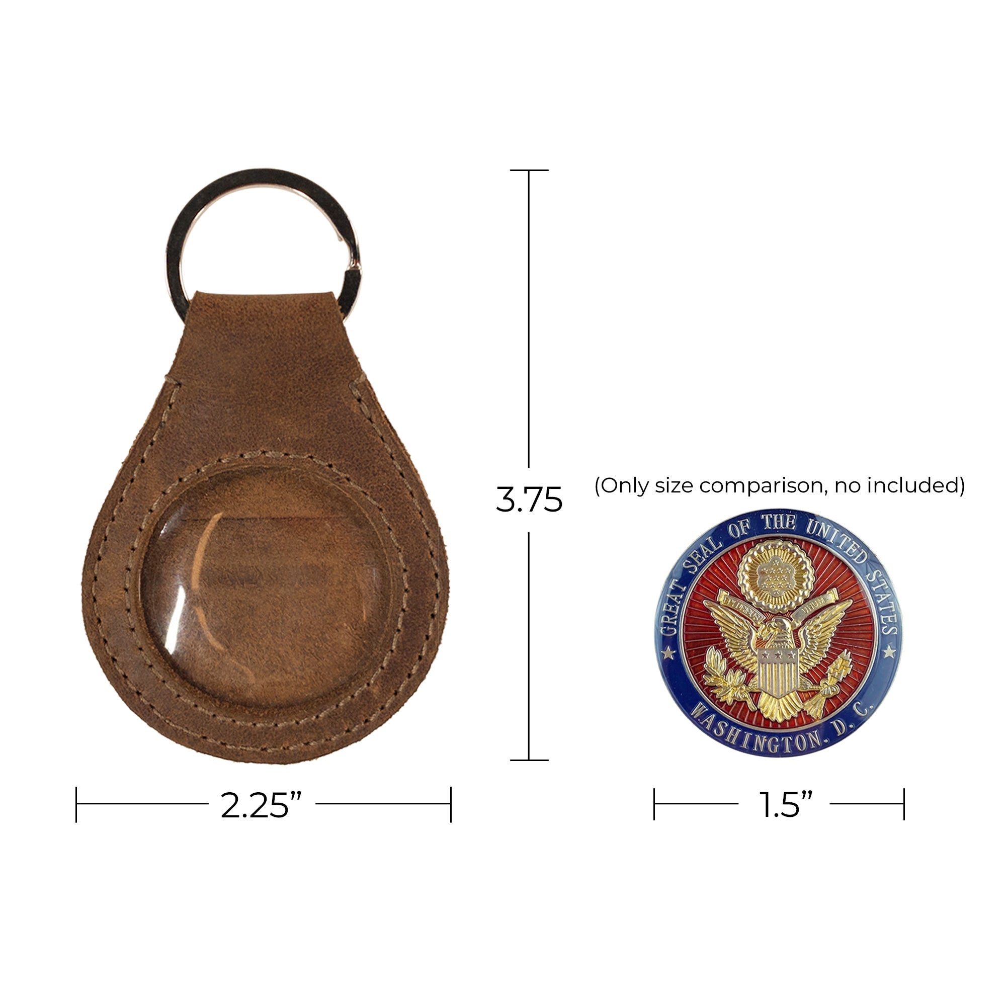 The Medallion Holder Keychain by Hide & Drink displayed with measurements, illustrating its practicality alongside a secured medallion and keyring attachment. This handmade item, crafted from full grain leather, showcases artisan craftsmanship from La Antigua Guatemala & Oaxaca Mexico.