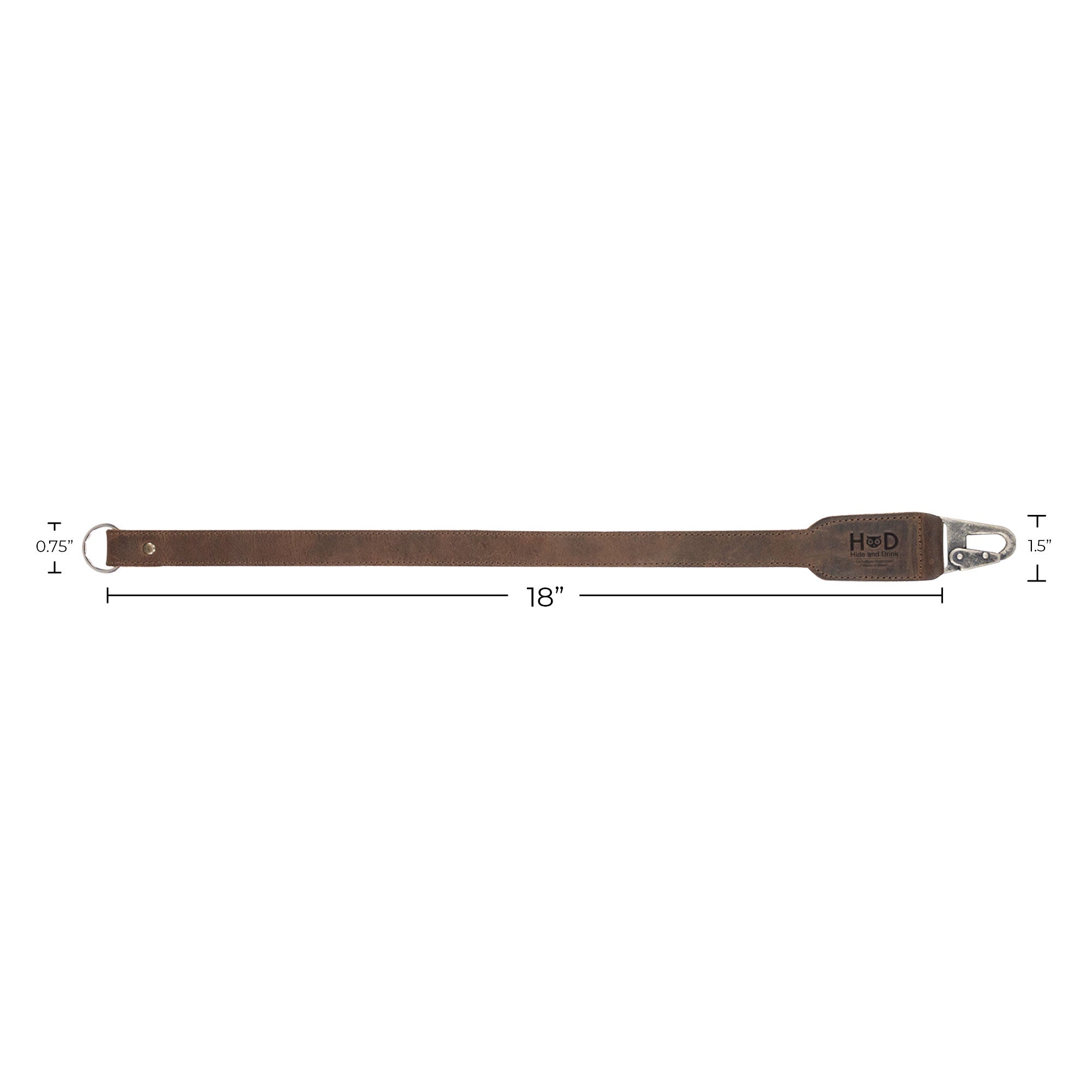 Hide & Drink Keychain Lanyard measuring 18 inches, crafted from Full Grain Leather. It includes a clip for easy attachment to house, car, and apartment keys, embodying the values of small batch artisan production.