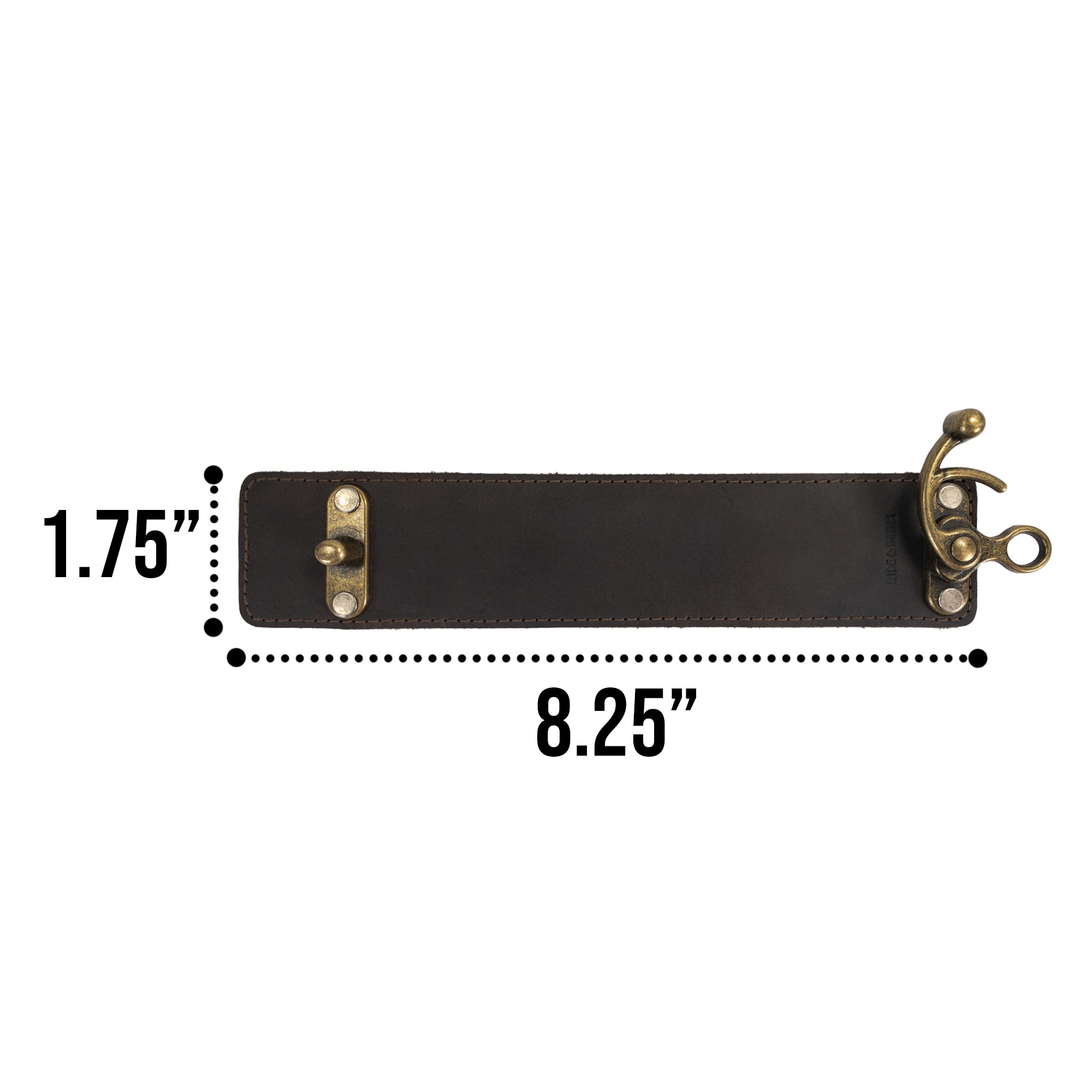 Measuring dimensions of the Hide & Drink 8 Inch Wristband with Vintage Clasp, presenting the size alongside its beautiful Full Grain Leather. This wristband is made with care through small batch production techniques, including hand cutting, hand sewing, and fire branding by artisans in La Antigua Guatemala & Oaxaca Mexico.