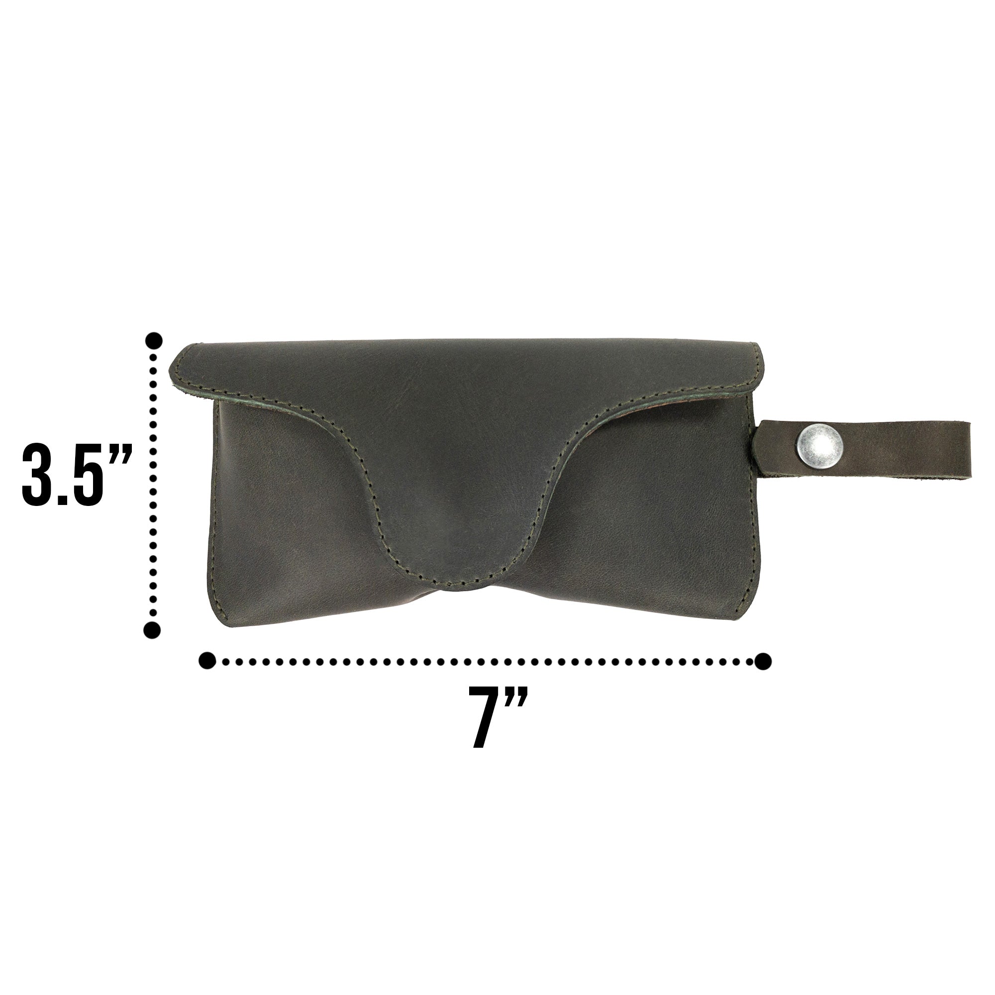 Measuring dimensions of Eyeglasses Case with Strap by Hide & Drink, crafted from high-quality full grain leather. This reliable sunglasses case serves as a protector for eyewear, showcasing artisan skill in La Antigua Guatemala & Oaxaca Mexico.