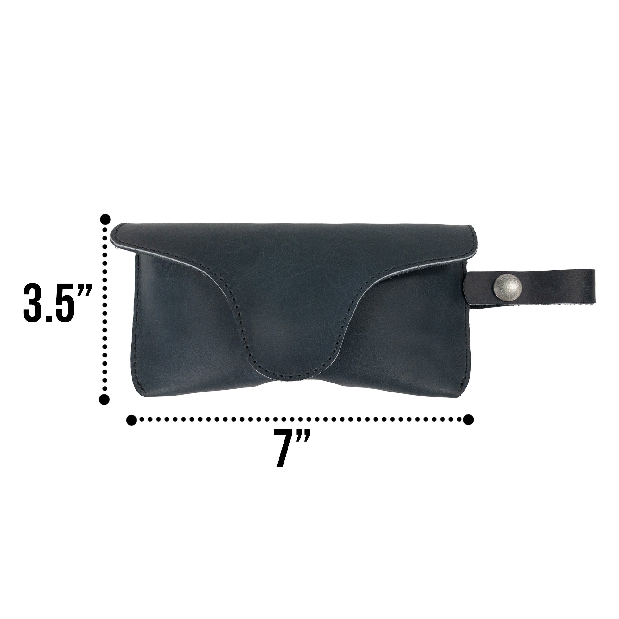 Dimensions of the Eyeglasses Case with Strap provided by Hide & Drink, made from rustic full grain leather. This sunglasses case is a reliable protector for eyewear, embodying handmade artistry from La Antigua Guatemala & Oaxaca Mexico.