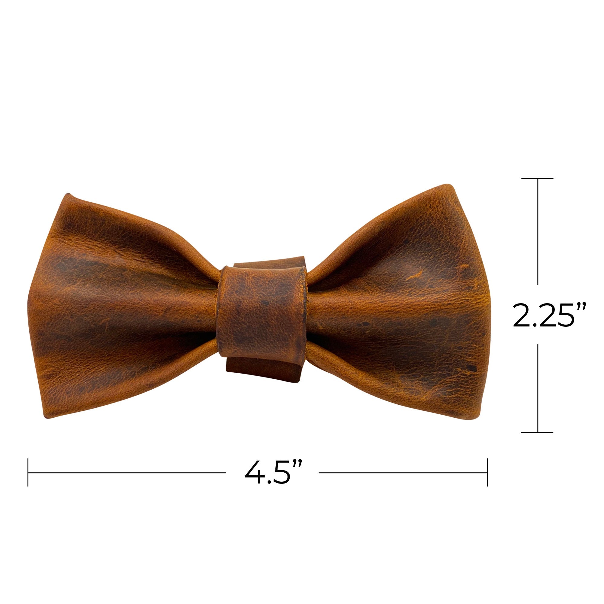 Measuring dimensions of a leather bow tie for dog collar by Taco Dog. This Bow Tie for Dog Collar is designed to fit most collars (1.25 in. wide) and adds a fancy accent to your dog's outfit. Bow Tie for Dogs - Attaches onto Most Dog Collars (Collar Not Included) - Fancy Cute Stylish Pet Accessory Attachment, Full Grain Leather, StockyardX, Small Batch Production, Hand Cut, Hand Sewn, Fire Branded, Artisan, Handmade in La Antigua Guatemala & Oaxaca Mexico.
